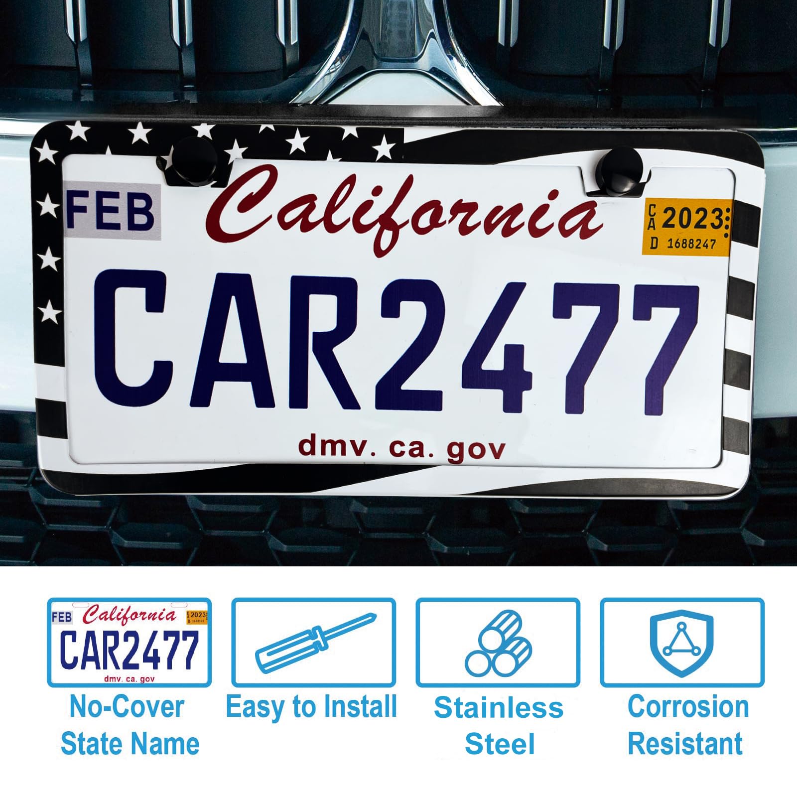 2Pcs Premium American Flag License Plate Frame, Black License Plate Frames, 2 Holes Solid Stainless Steel License Plate Holder,