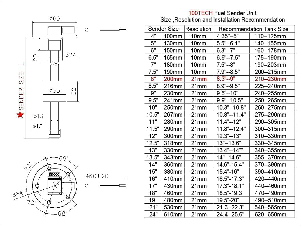 100TECH Fuel Tank Gauge Sending Unit Kit 8''(200mm) SUS316 Stainless Steel RV Tank Sensor Marine Gas Gauge Sender for Truck Camp