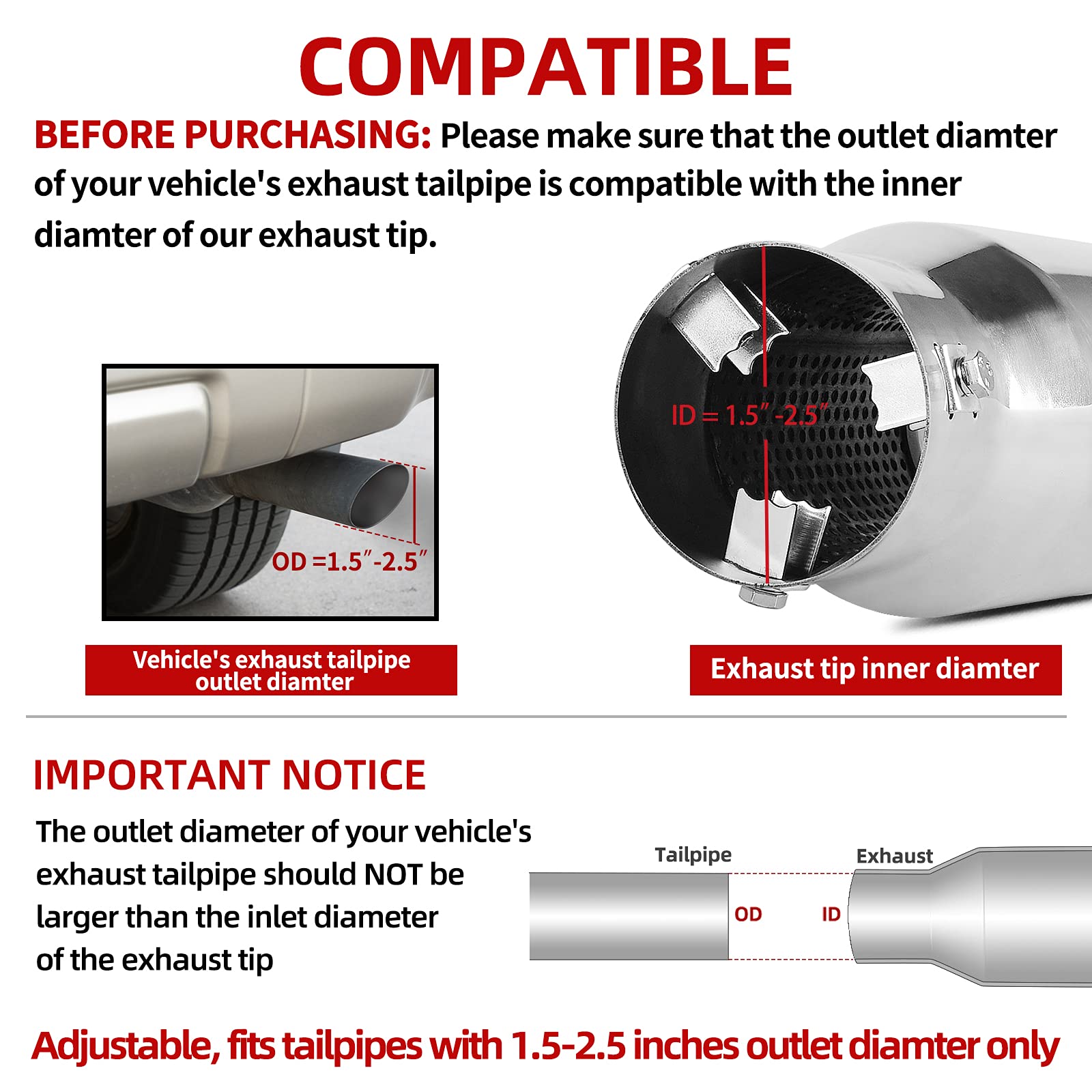 Autosaver88 1.5-2.5 Inch Chrome Exhaust Tip, 1.5''-2.5'' Inlet 4'' Outlet 9'' Long Stainless Steel Exhaust Tip With Adapters, Fi