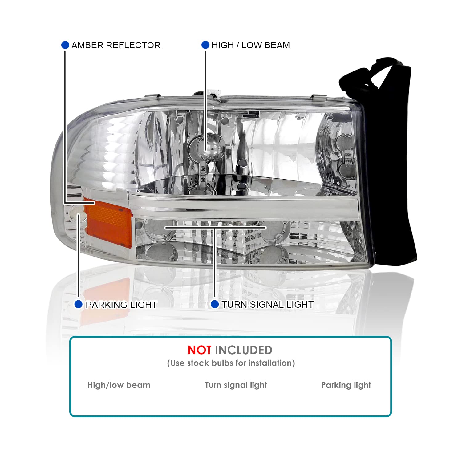 Spec-D Tuning Chrome Housing Clear Lens Headlights Compatible with 1997-2004 Dodge Dakota L+R Pair 1PC Style Head Light Lamp Assembly