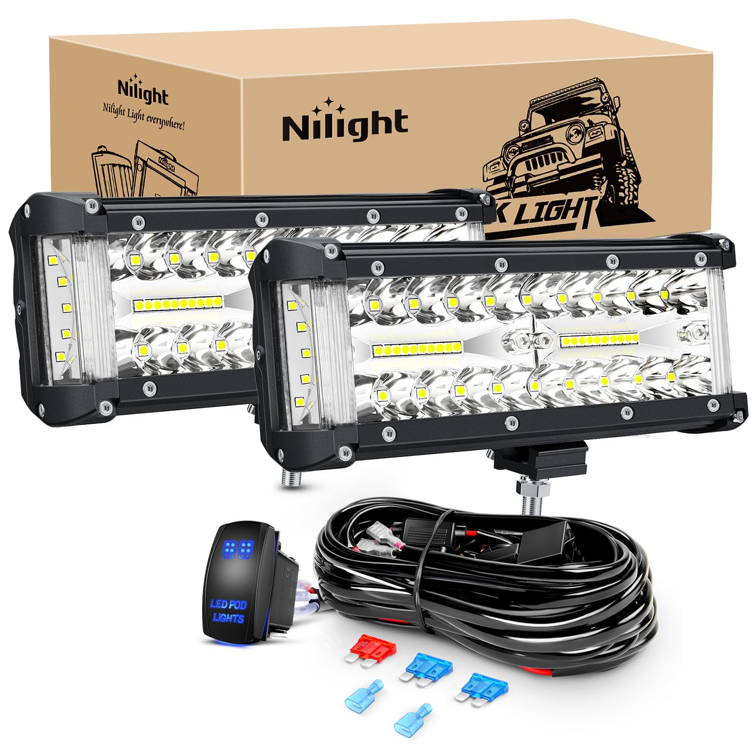 Nilight Side Shooter Led Light Bar 2Pcs 7 Inch Triple Row Spot Flood Combo Lights Work Lighting With 5Pin Rocker Switch Wiring H