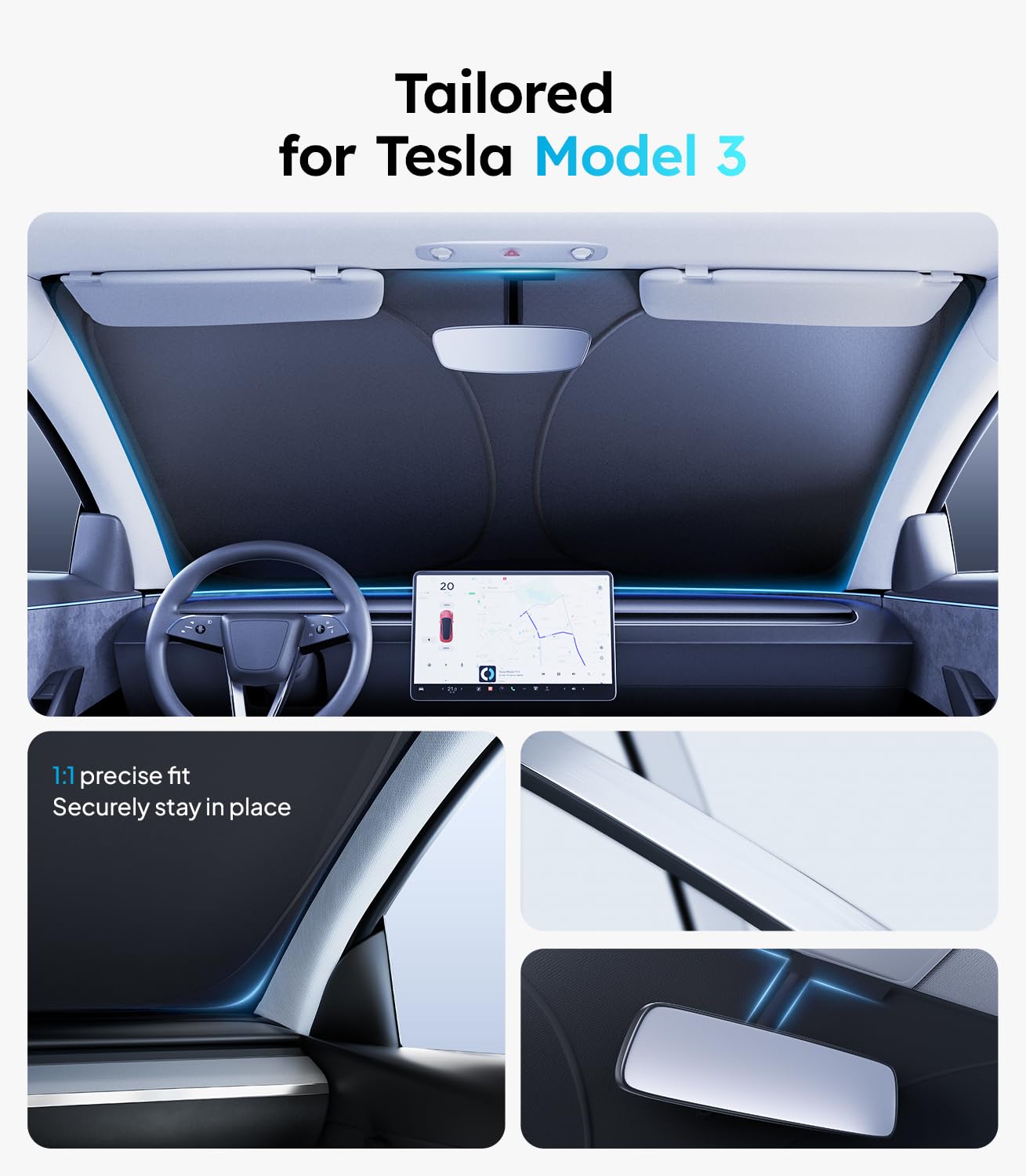 Wigoo 2025 Upgraded Accessories Tesla Model 3 Windshield Sunshade [Oem Design, 100% Sun Blockage] Foldable Heat Insulation Sun S