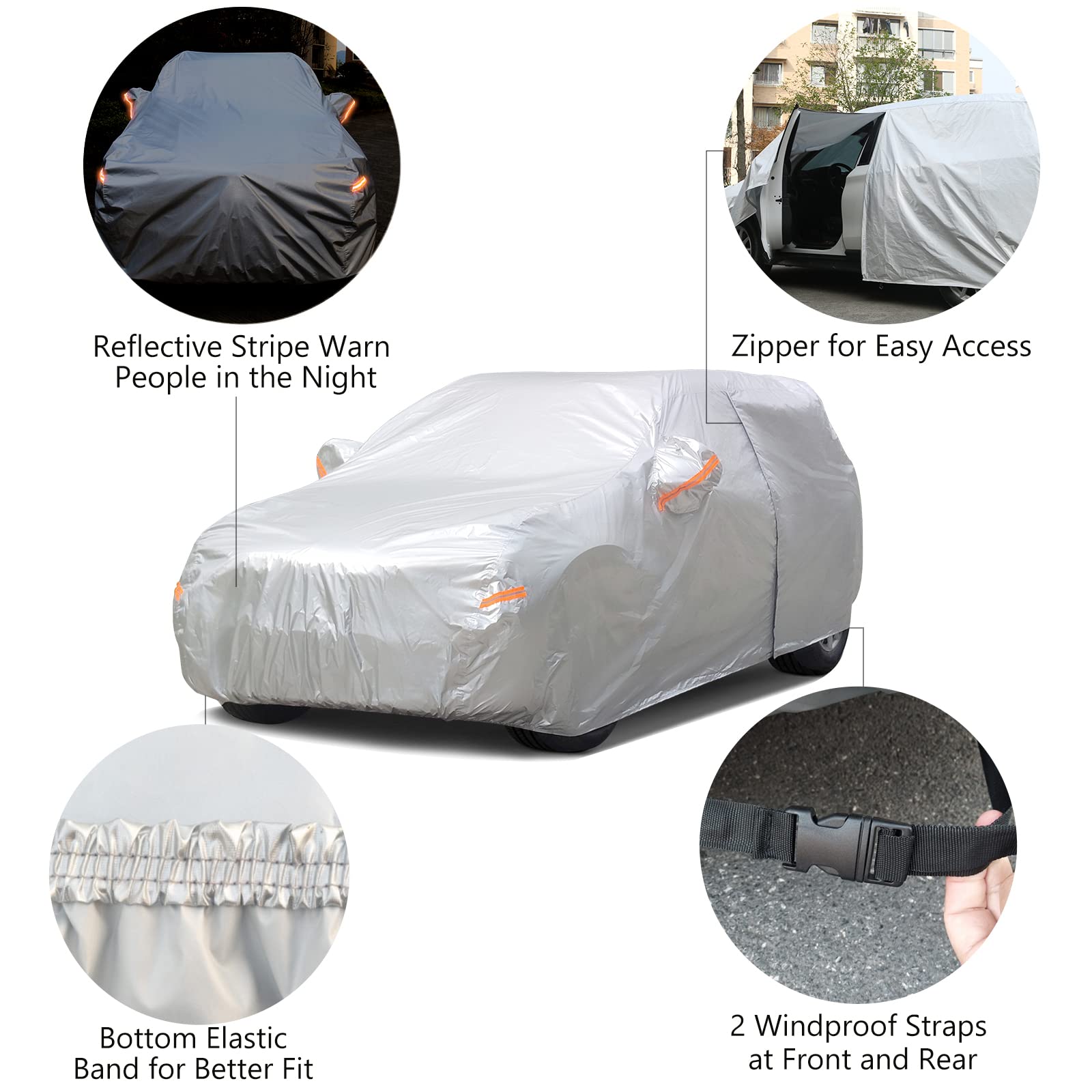 SEAZEN 2 Layers SUV Car Cover Waterproof All Weather, Outdoor Car Covers for Automobiles with Zipper Door, Hail UV Snow Wind Pro