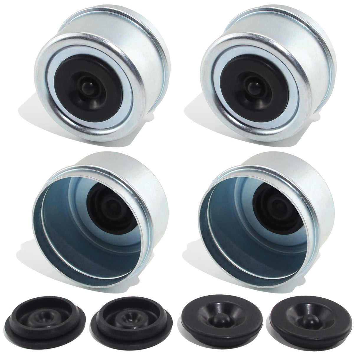 Grepspud 4Pcs 2.44'' Trailer Hub Bearing Dust Caps, Trailer Axle Grease Dust Cap Cup Wheel Center Cover Caps & 4Pcs Extra Rubber
