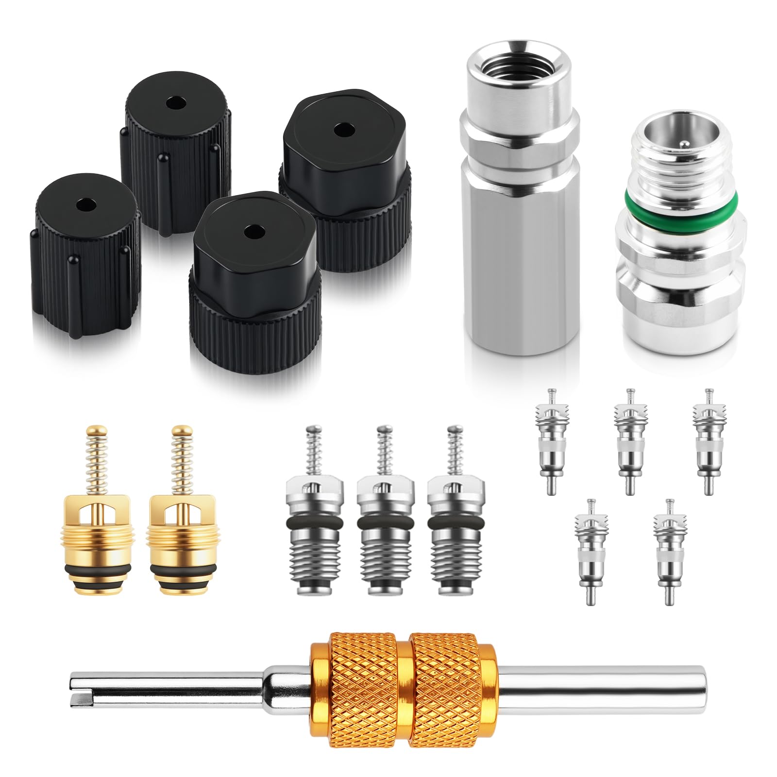 YGDMD 17PCS Car Air Conditioner Valve Core Tool Kit,Portable A/C Valve Stem Core Set Includes Cores Tool/Cores Port/Cap for Impr