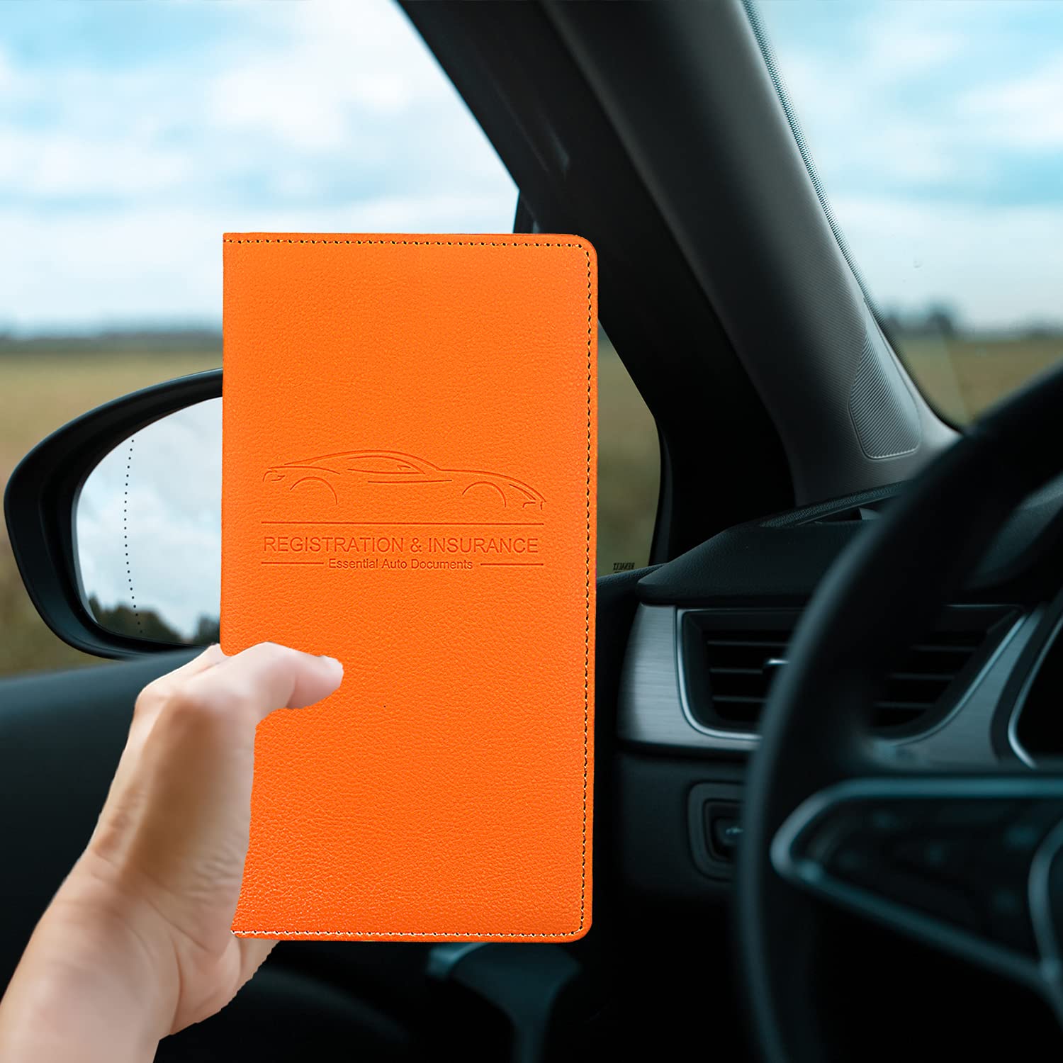 Miunice Car Registration And Insurance Holder, Premium Pu Leather Vehicle Glove Box Organizer, Prefect Car Essentials Wallet For Driver License, Cards & Essential Documents (L-Orange)