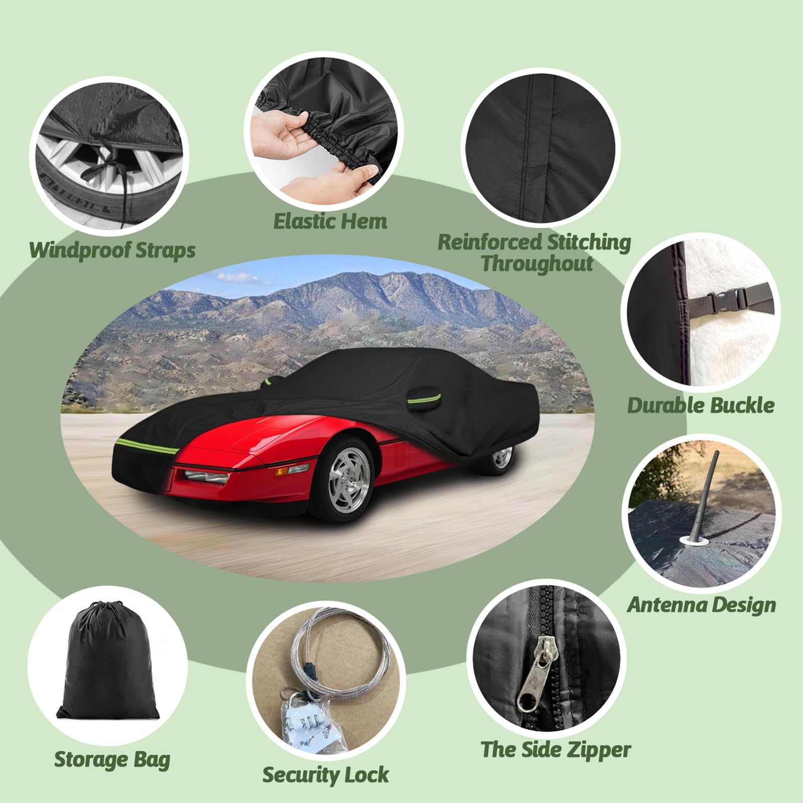 Car Covers For 1984-1996 Corvette C4, 6 Layers 210T Waterproof All Weather Rain Sun Uv Protection Outdoor Full C4 Car Cover With