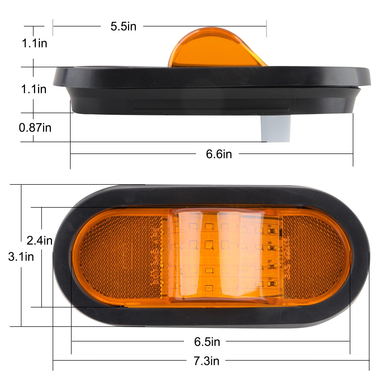 2Pcs 6.5 Inch Oval Led Side Marker Lights And Mid Ship Turn Signal Amber W/Reflex Lens Rubber Grommet Sealed W/3 Prong Wire Pigt