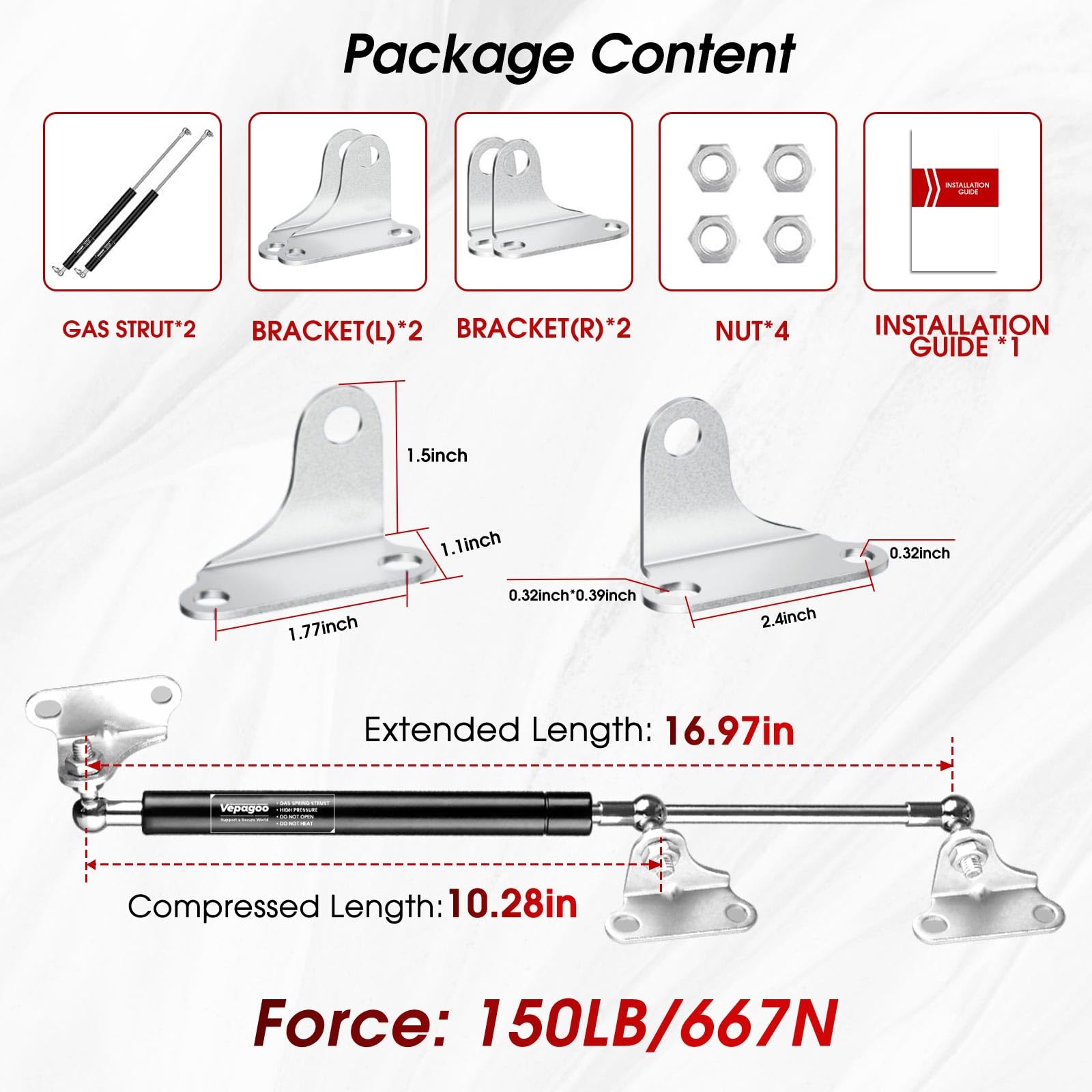17 Inch 150Lb/668N Heavy-Duty Gas Shock Strut Spring For Tool Box Rv Bed Cabinet Boat Cover Door Lid And Custom Projects, A Set