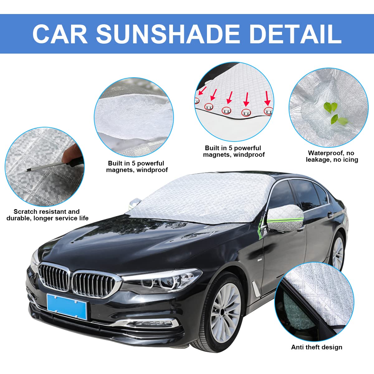 8Sanlione Car Windshield Snow Cover With Side Mirror Cover, 4 Layers Winter Frost Protection For Any Weather, Windscreen Covers