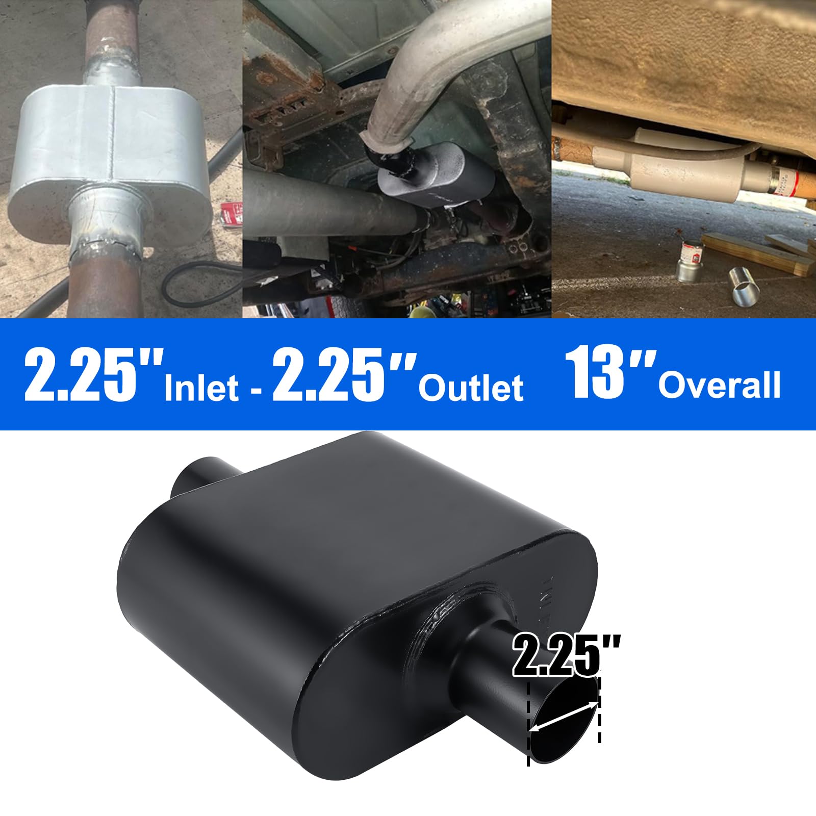 Floshine Universal Mufflers,Performance Automotive Exhaust Muffler,Single Chamber 2.25 Inch Inlet (Id) 2.25 Inch Outlet (Id) Bla