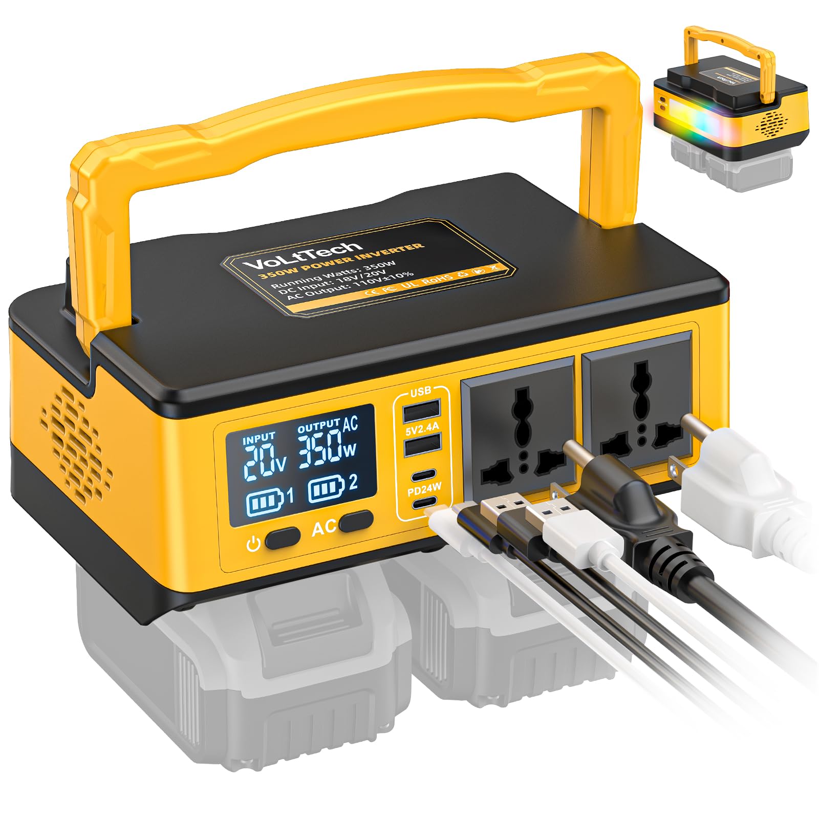 350W Power Inverter Compatible with Dewalt: VoLtTech Portable Battery Adapter Phone Charger DC 20V to AC 110-120V Camping Essent