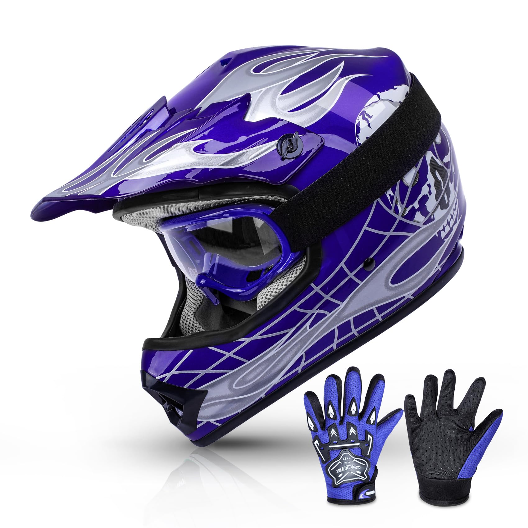 Tcmt Dot Youth & Kids Motocross Offroad Street Helmet Blue Skull Motorcycle Youth Dirt Bike Motocross Atv Helmet+Goggles+Gloves 