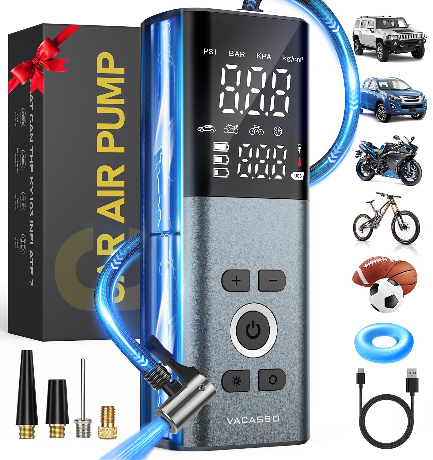 Tire Inflator Portable Air Compressor, 150PSI Air Pump For Car Tires with Accurate Tire Pressure Gauge, 20,000mAh Cordless Air C