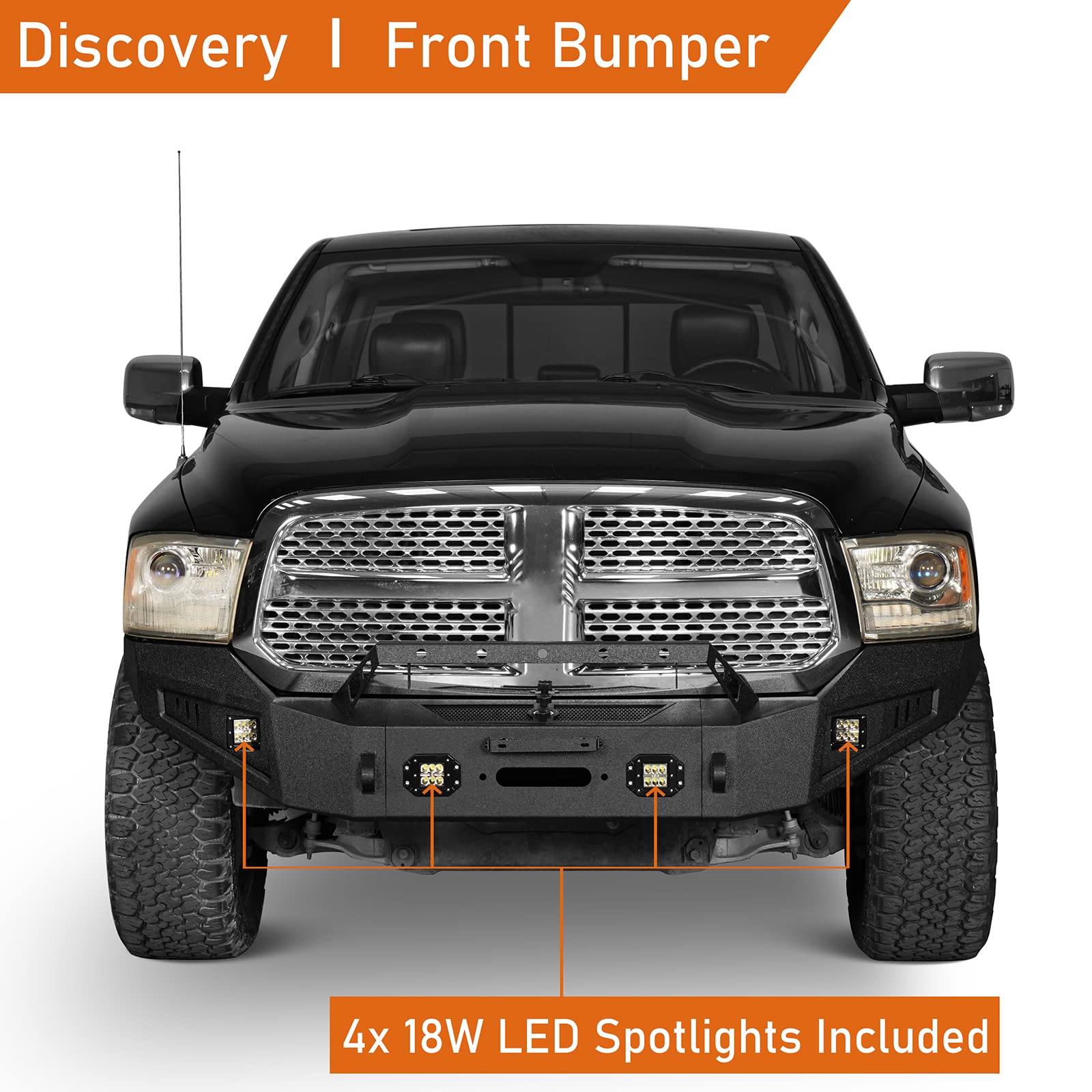 Hooke Road Ram 1500 Front And Rear Bumpers Set, Offroad Bumpers W/Winch Plate & Led Lights For 2013-2018 Dodge Ram 1500 Truck (Exclude Rebel)