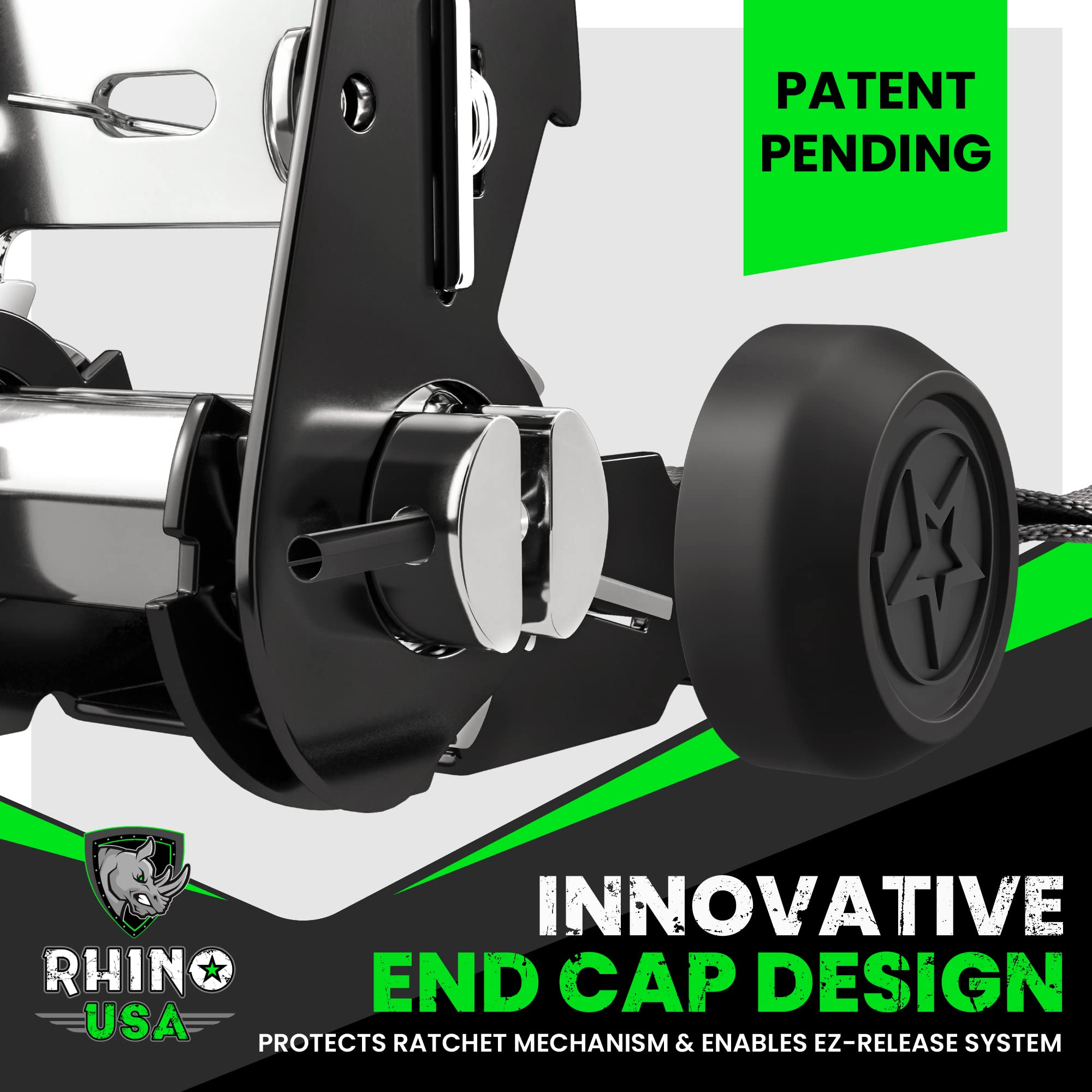 RHINO USA Ratchet Straps Tie Down Kit - 4 Heavy Duty 1.6 x 8' Black Rachet Tiedowns with Padded Handles & Coated S Hooks