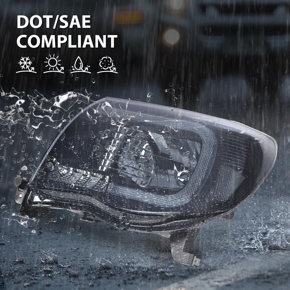 G-Plus Led Drl Tube Halo Projector Headlights W/O Bulbs Compatible With 2005-2011 Toyota Tacoma Smoke Lens Black Housing Clear R