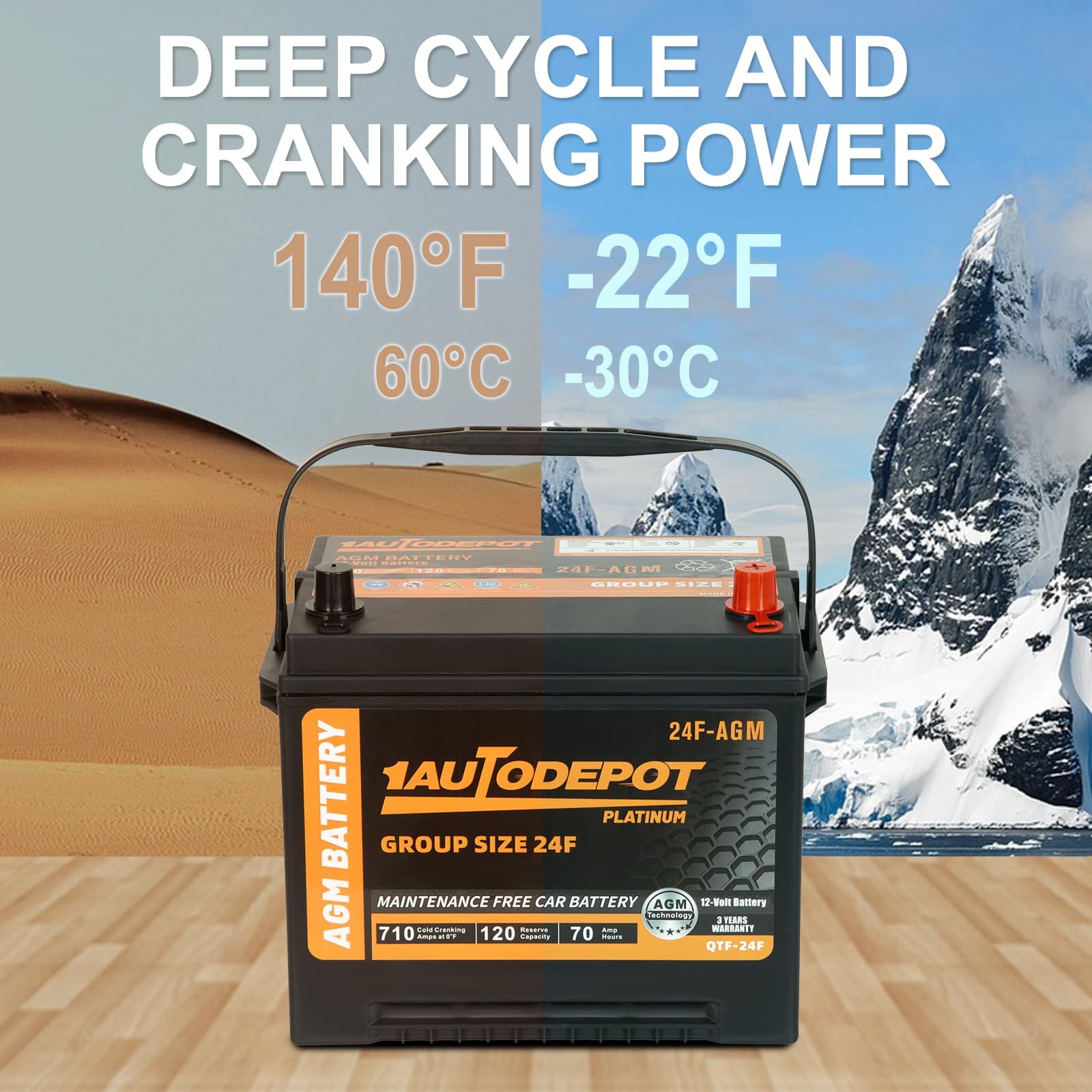 1Autodepot Bci Group 24F Car Battery, 12V 70Ah Automotive Battery Premium Maintenance Free Agm Batteries, 710Cca, 120Rc, 36 Mont