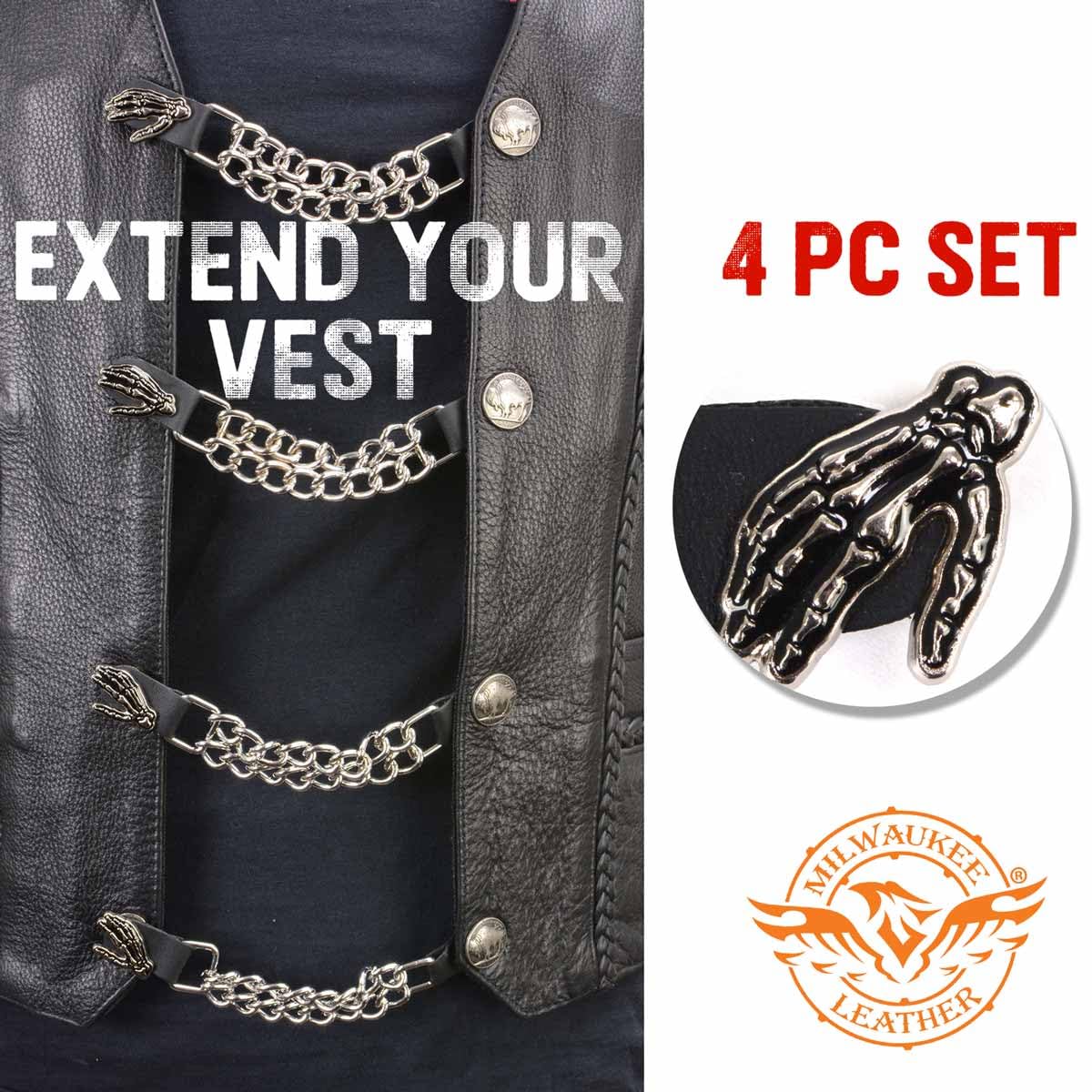 Milwaukee Leather MLA6026SET Skeleton Hand 4-PCS Vest Extender Double Chrome Chains w/Genuine Leather 4'' Extension - 4 Inch