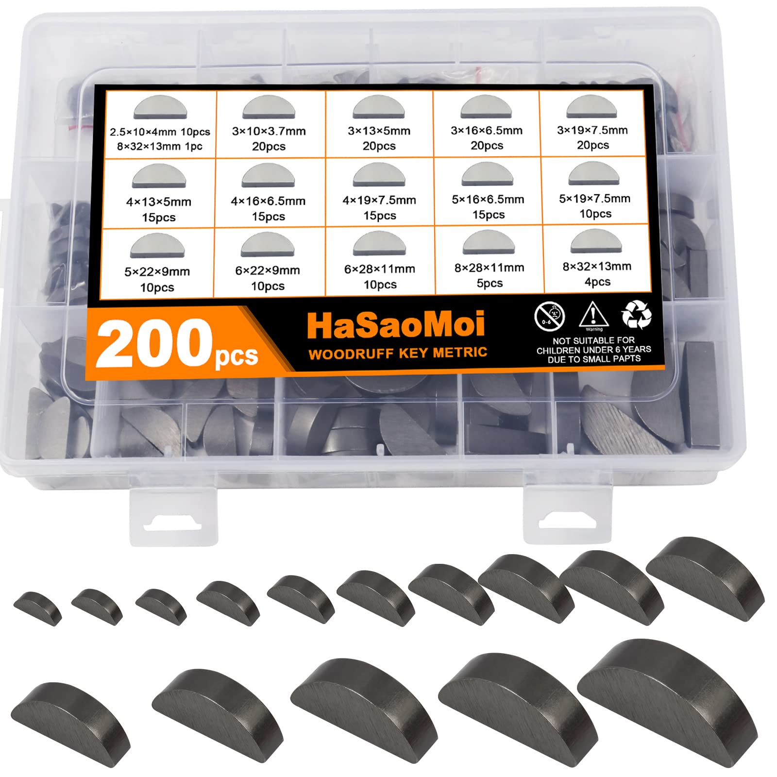 HaSaoMoi 200pcs Metric Woodruff Key Assortment Kit with 15 Most Popular Sizes - Woodruff semicircle Key - Half Moon Key - Keyway