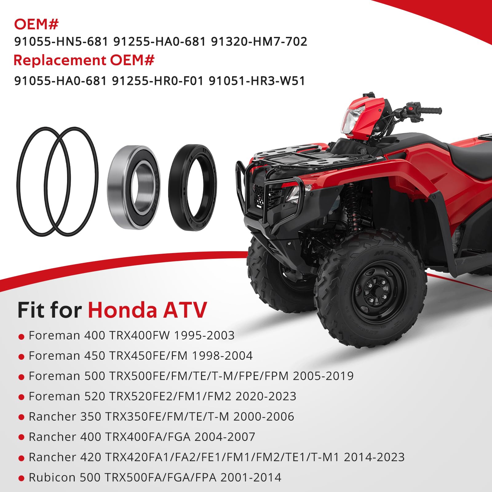 Left Rear Axle Wheel Bearing & Seal for Honda Rancher Foreman Rubicon 350 400 450 500 520, OEM# 91055-HN5-681 91255-HA0-681 9132