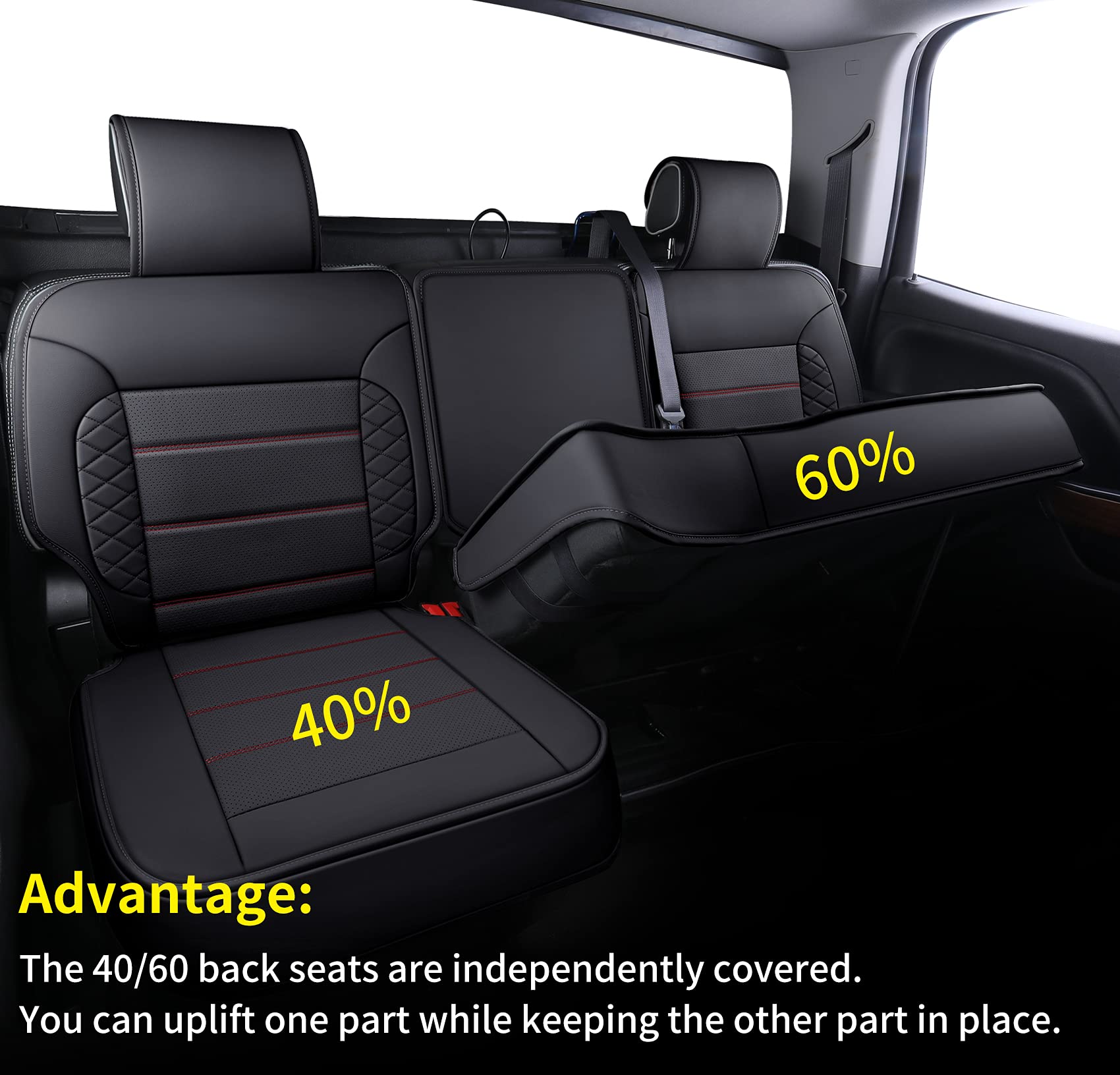 Luckyman Club D04-S2 Silverado Seat Covers, Fit For 2014-2018 Chevy Silverado Gmc Sierra 1500 And 2015-2019 2500Hd 3500Hd Crew Cab With Water Proof Faux Leather(Full Set, Black&Red)