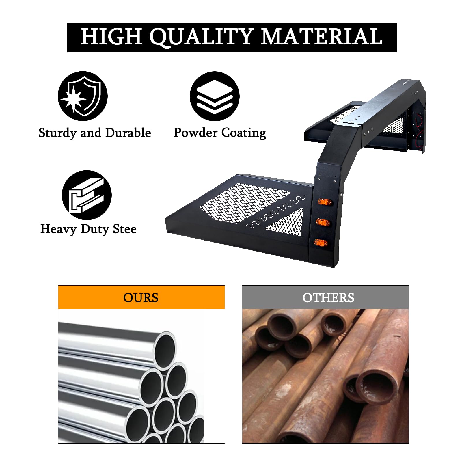 OUKIDR Universal Adjustable Truck Bed Chase Rack Roll Bar with 6X Amber Side Marker Lamps, Chase Rack Roll Bar for Full Size Pic