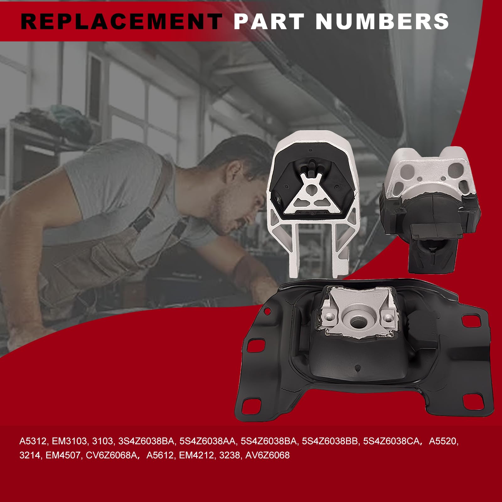 Topaz 3214 3103 3238 Engine Mount & Trans Mount Rear & Front Kit 3Pcs Replacement For Ford Focus 2.0L L4 2012-2018