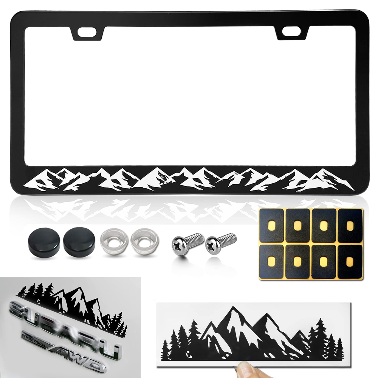 Bggtmo Mountains License Plate Frame- Black Aluminum Car Tag Cover Holder With Stainless Steel Screws Caps, Snow Mountain Tree D