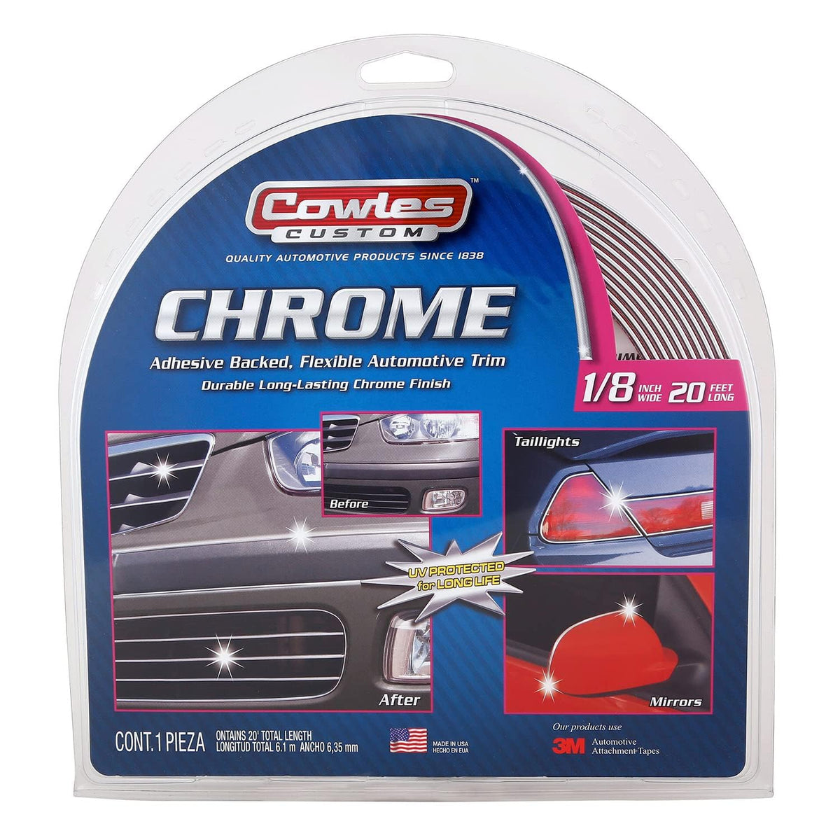 Cowles Custom - Premium Universal Body Molding for All Vehicle - Easy Install, Chrome Finish, 1/8'' by 20 feet, UV Protected, Lo