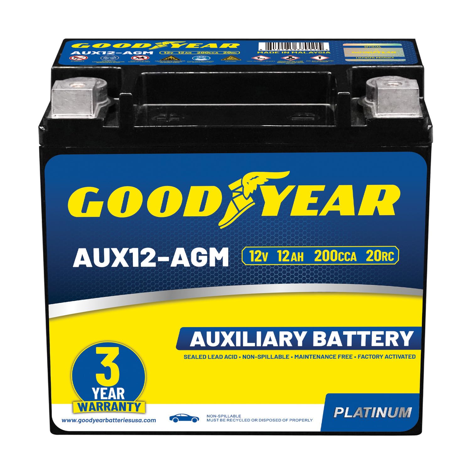 Goodyear AUX12-AGM 12V 12 AH, 20RC, 200 CCA Platinum series Rechargeable AGM Maintenance Free Auxiliary Battery