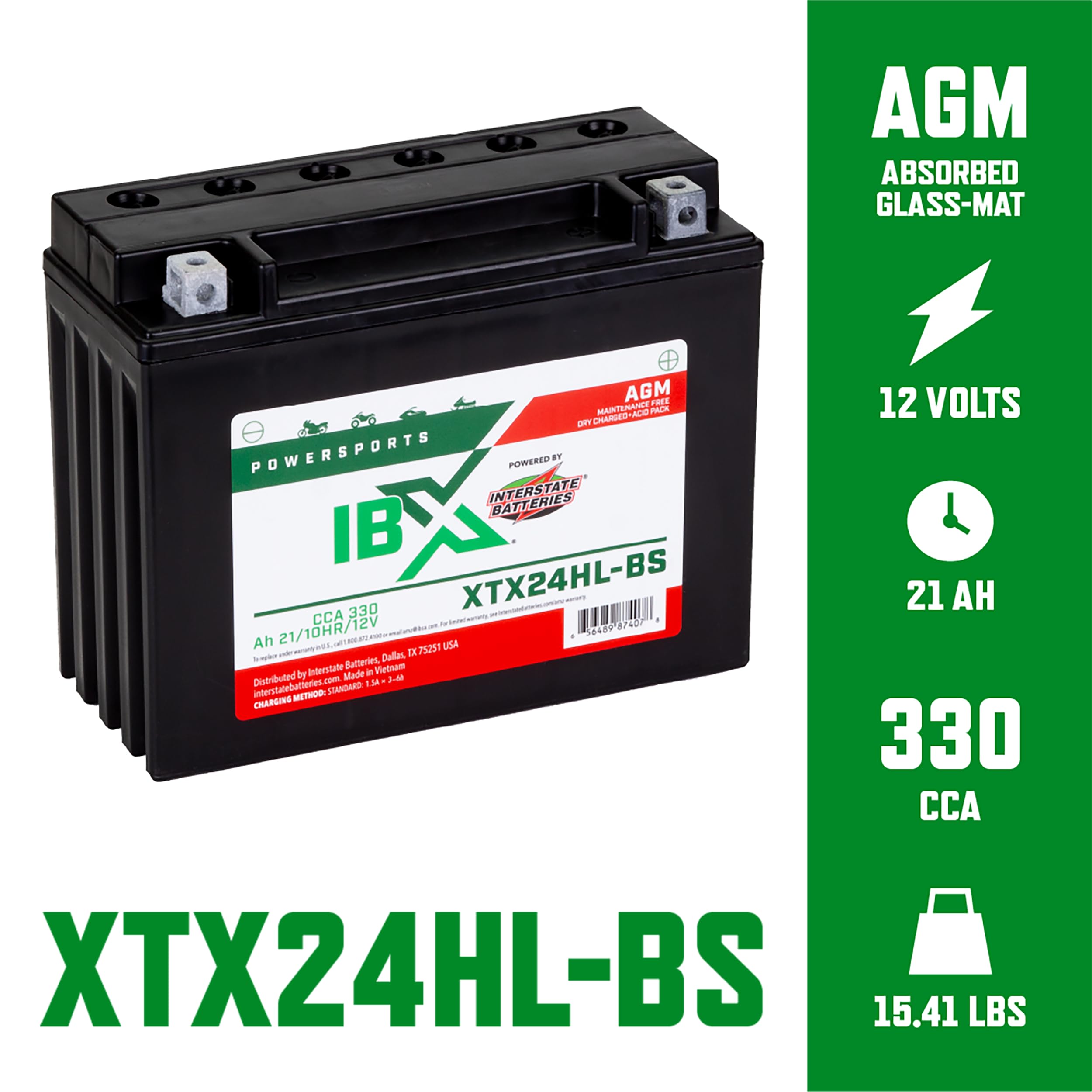 Interstate Batteries Ytx24Hl-Bs 12V 21Ah Powersports Battery 330Cca Agm Rechargeable Replacement Battery For Arctic Cat, Brp, Ya