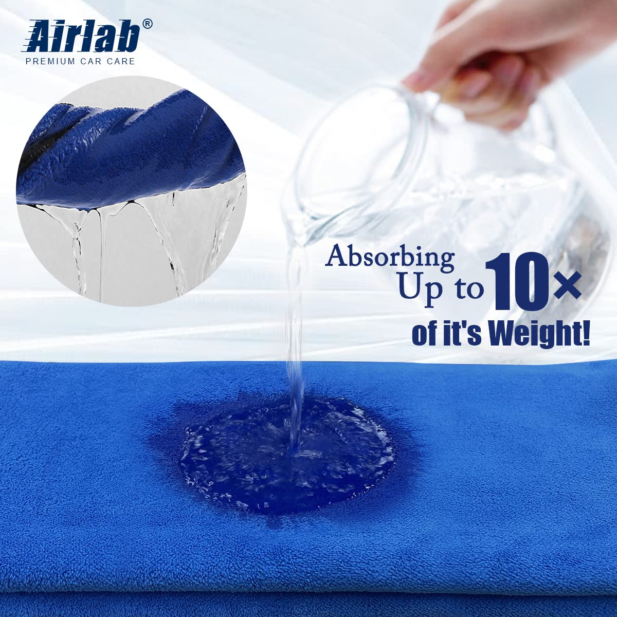 Airlab 800GSM Microfiber Towels for Cars - Super Absorbent, Lint & Streak Free, 16x16, Blue, Pack of 4