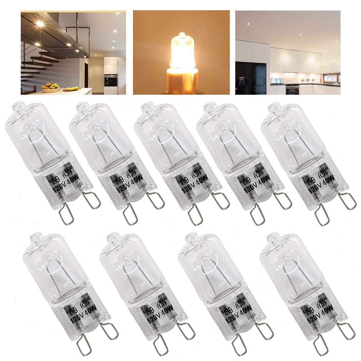 9 Pack,G9 Halogen Light Bulbs 40 Watt ,Crystal Clear Lense, T4Q40G9Cl120V Jd Type Halogen House Hold Light Bulb,For Hanging Pend