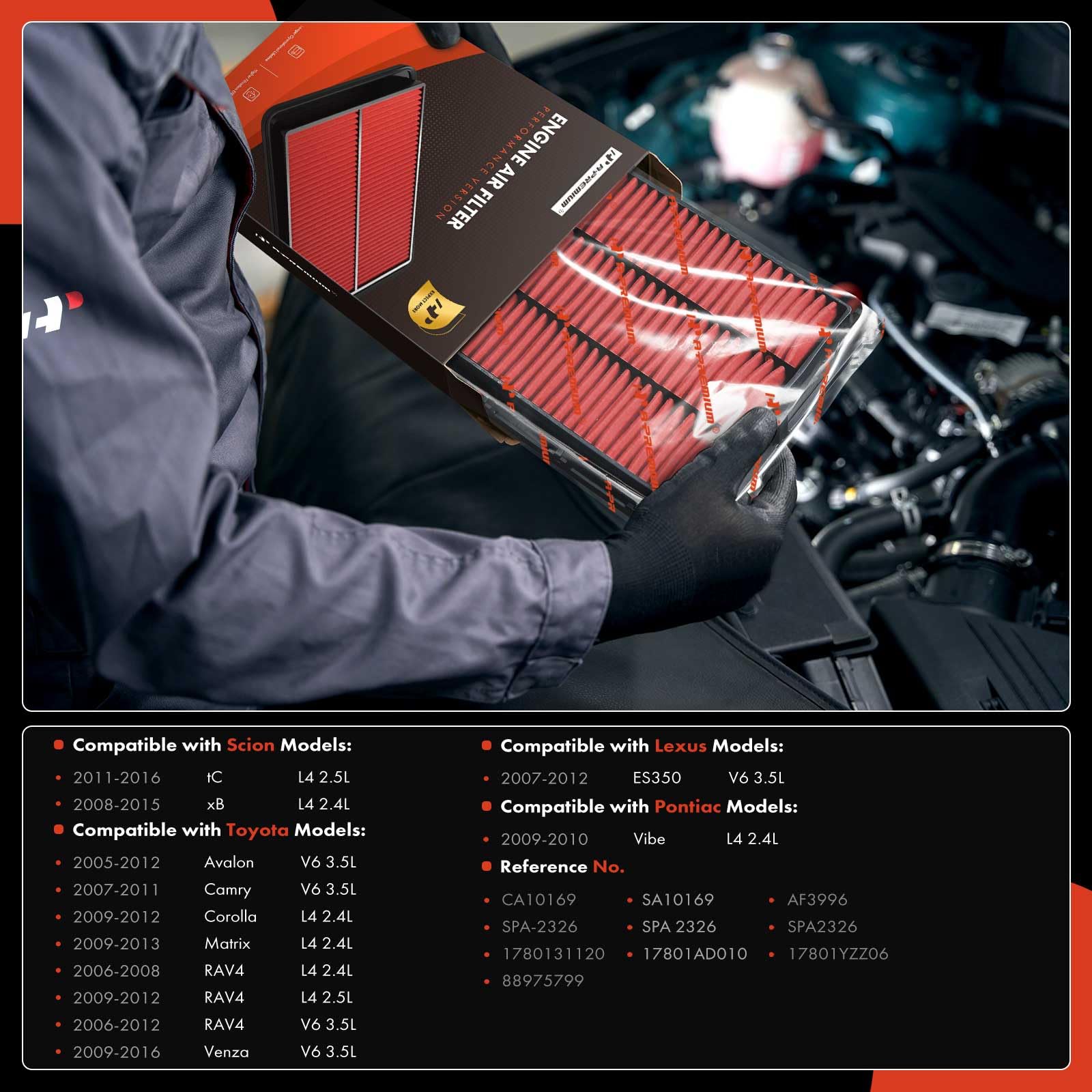 A-Premium Pre-oiled Engine Air Filter Compatible with Toyota, Scion, Lexus & Pontiac - Camry 2007-2011, RAV4 2006-2012, Corolla