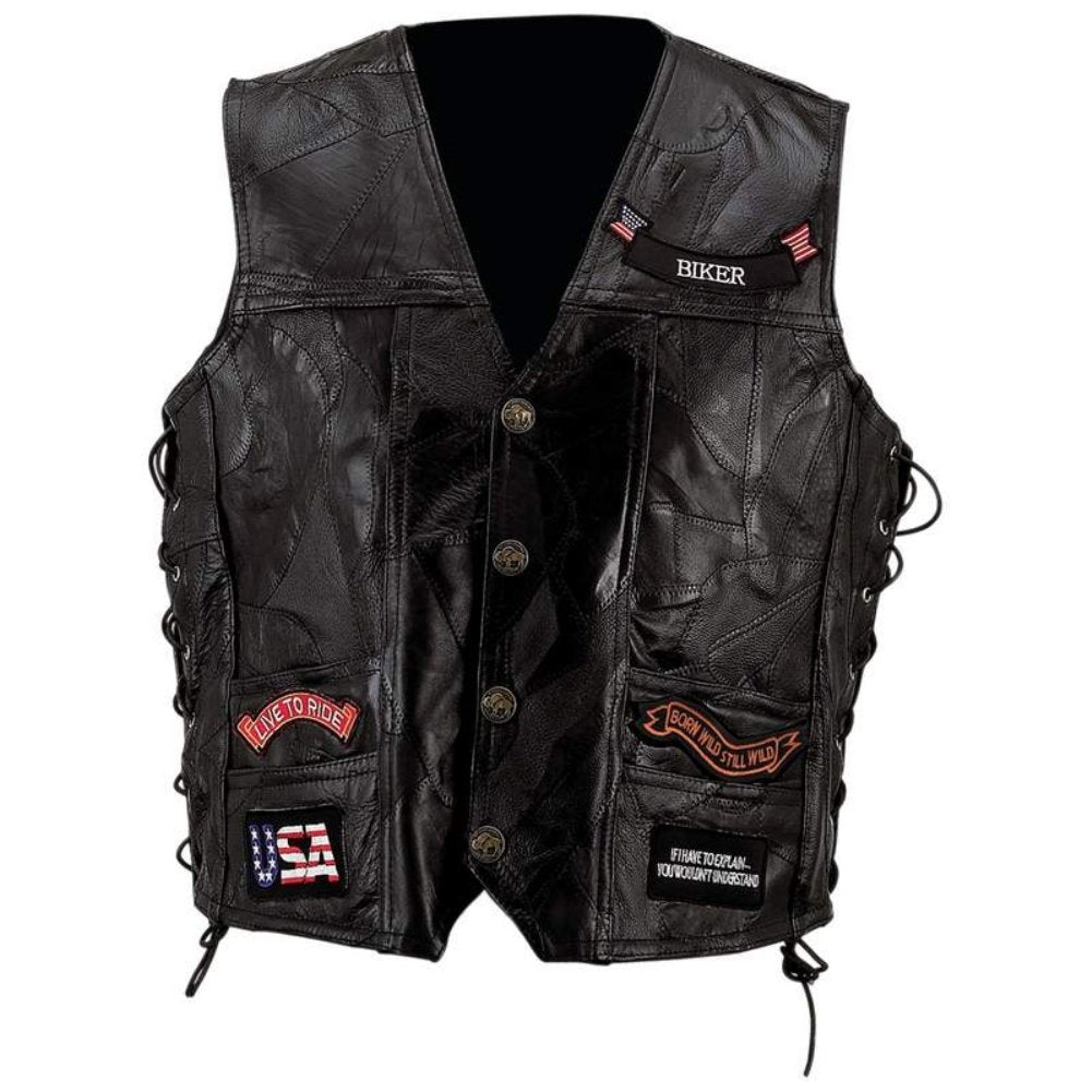 Diamond Plate? Rock Design Genuine Buffalo Leather Vest W/ 14 Patches-Xl