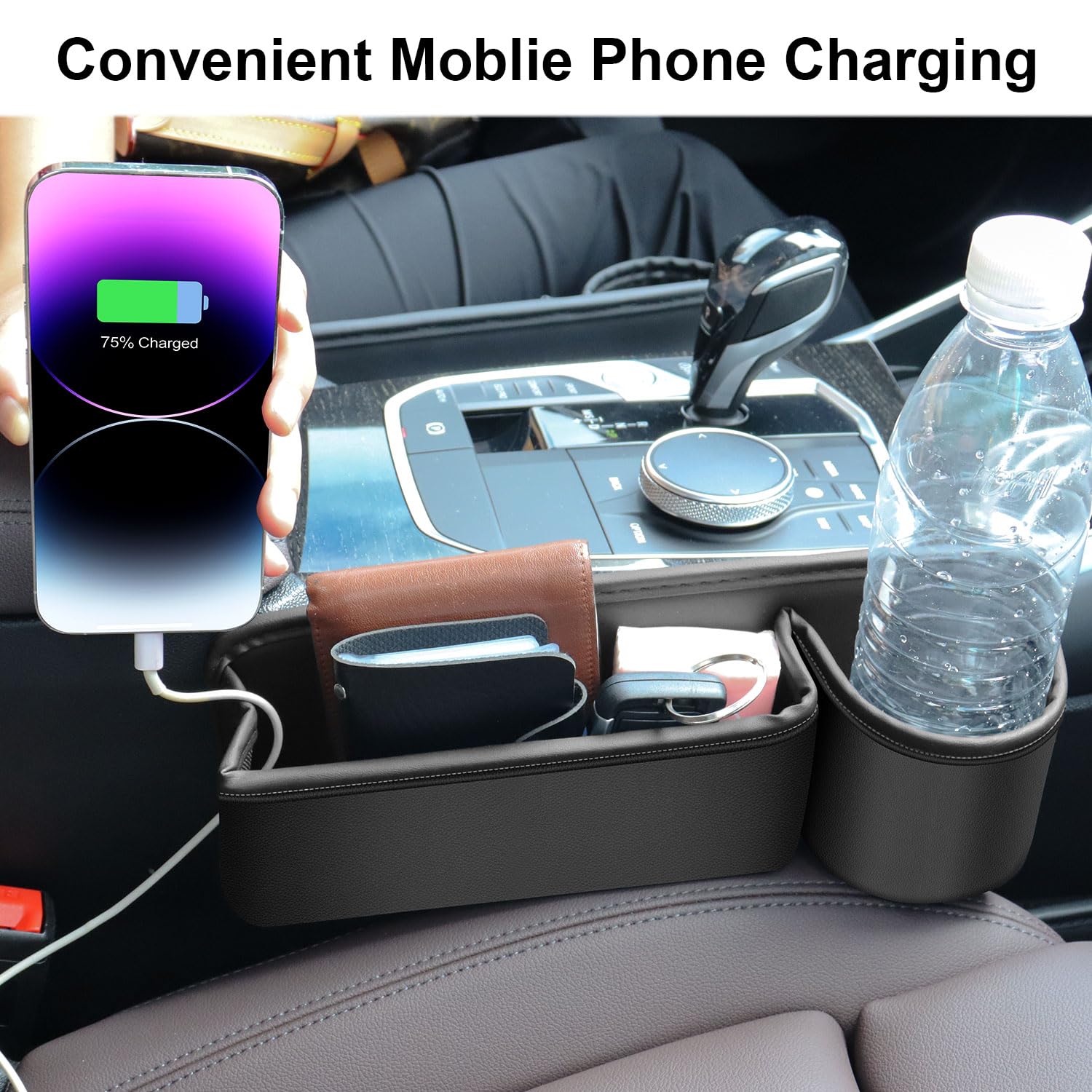 JINRUITOP Car Seat Gap Filler Organizer with Cup Holder, 2 Pack Adjustable Leather Car Side Seat Storage Box, Multifunction Inte