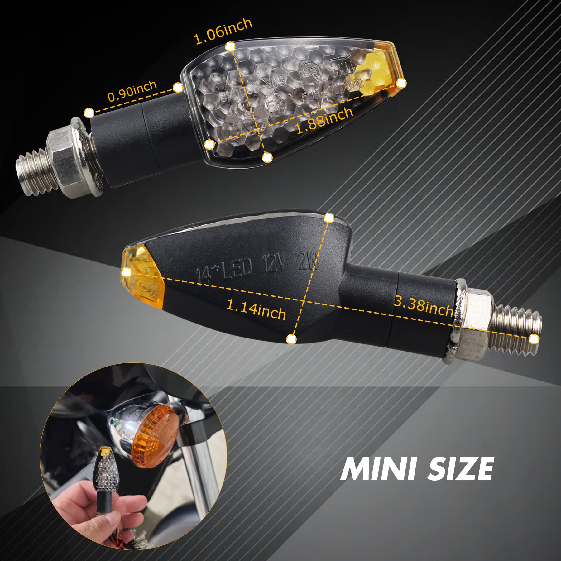 NTHREEAUTO 4PCS Motorcycle Turn Signals Mini Stalk Arrow Indicators LED Front Rear Amber Blinker Universal Compatible with Honda