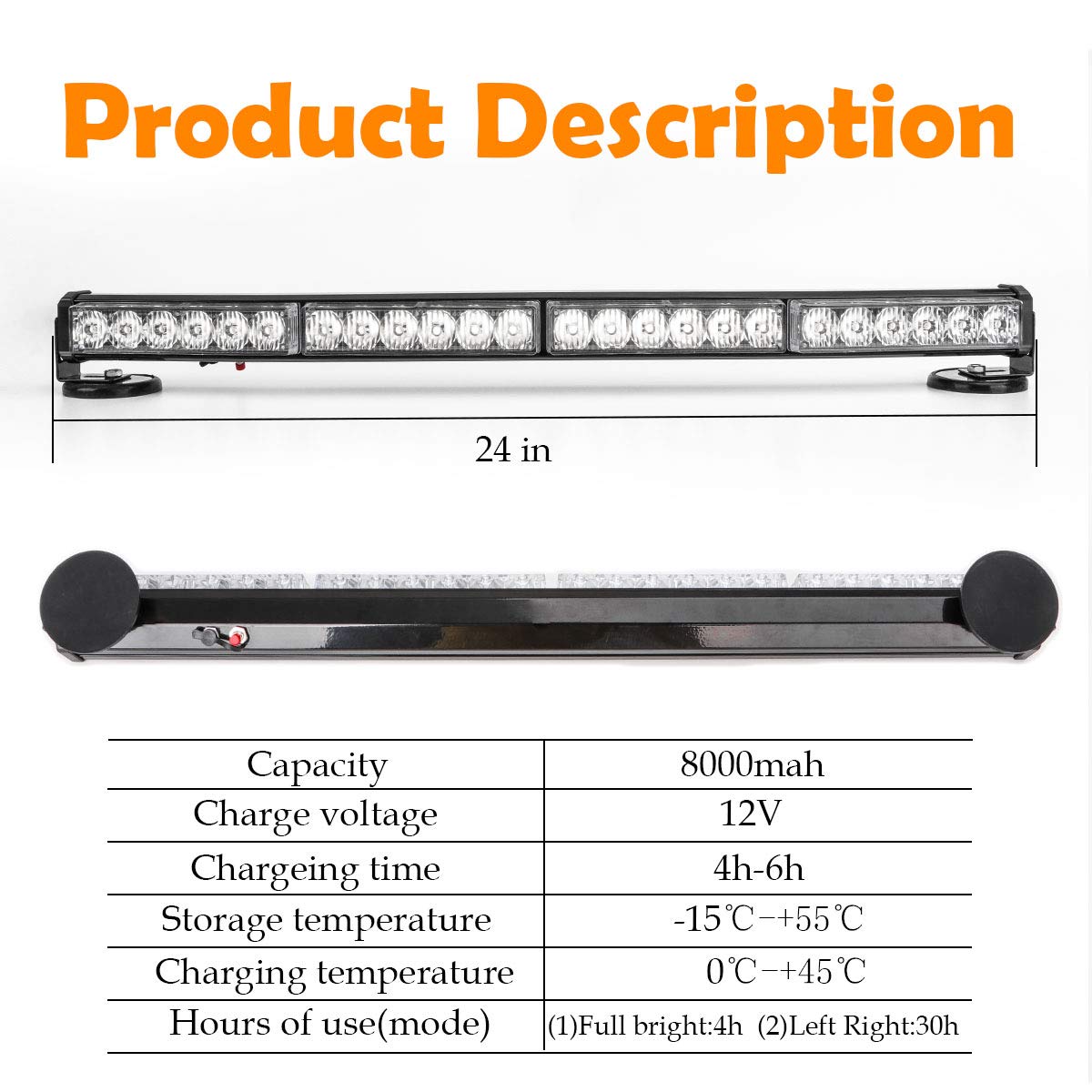 Le-Jx 24” Amber/White Wireless Traffic Advisor Emergency Lights Bar Battery Led Strobe Warning Light Roof Top Hazard Flash With Magnetic Base Mount And 12V Rechargeable Plug ( 24 Leds)