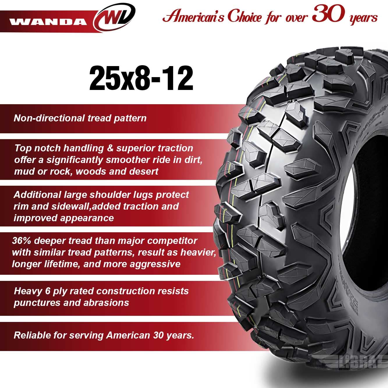 Wanda Set 4 Atv Utv Tires 25X8-12 25X8X12 Front & Rear 6Pr P3501 10375