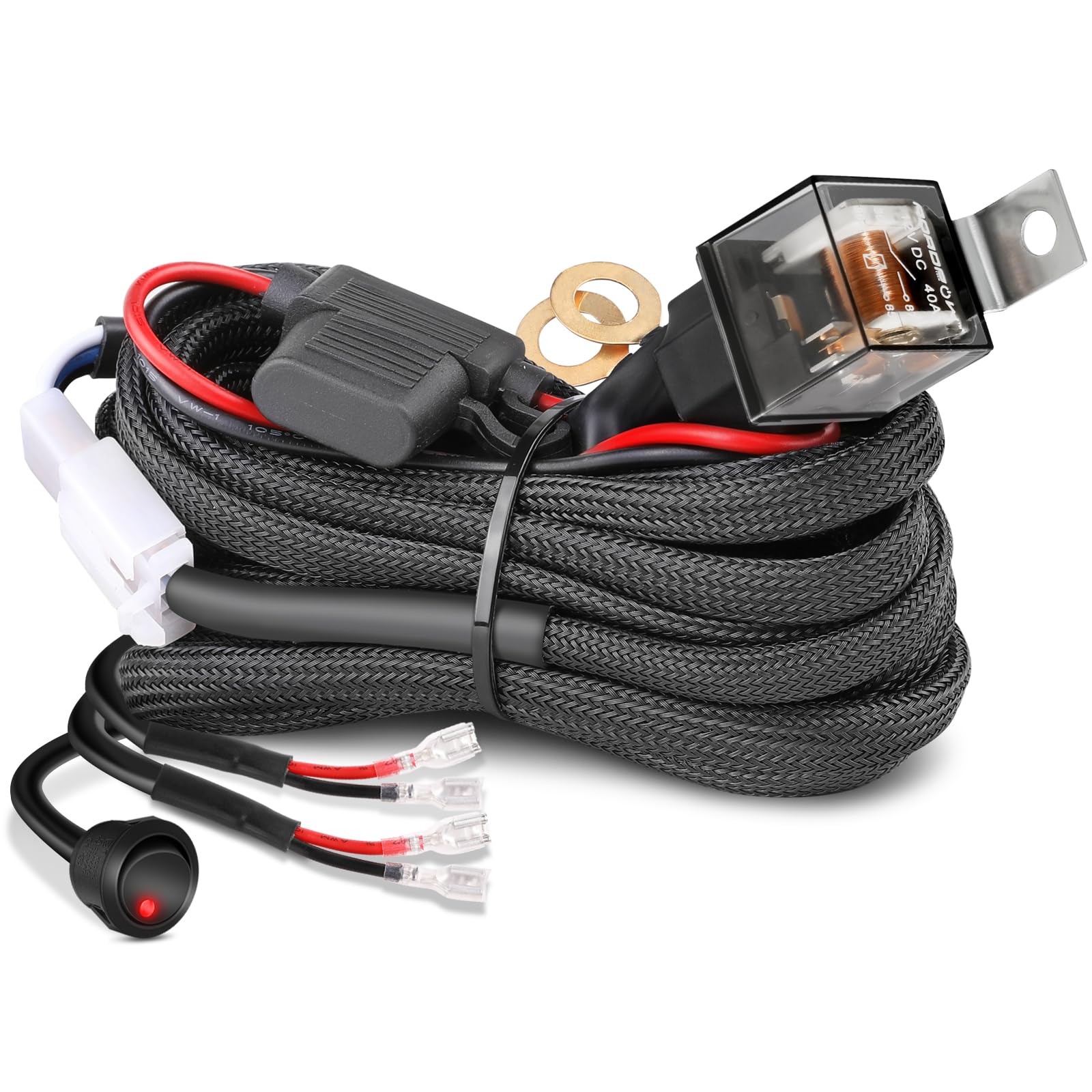 Wiring Harness Kit 10AWG 2 Lead, Nirider 12V Heavy Duty Rocker Switch Relay Fuse Nylon Wiring Harness for LED Light Bars Fog Lig