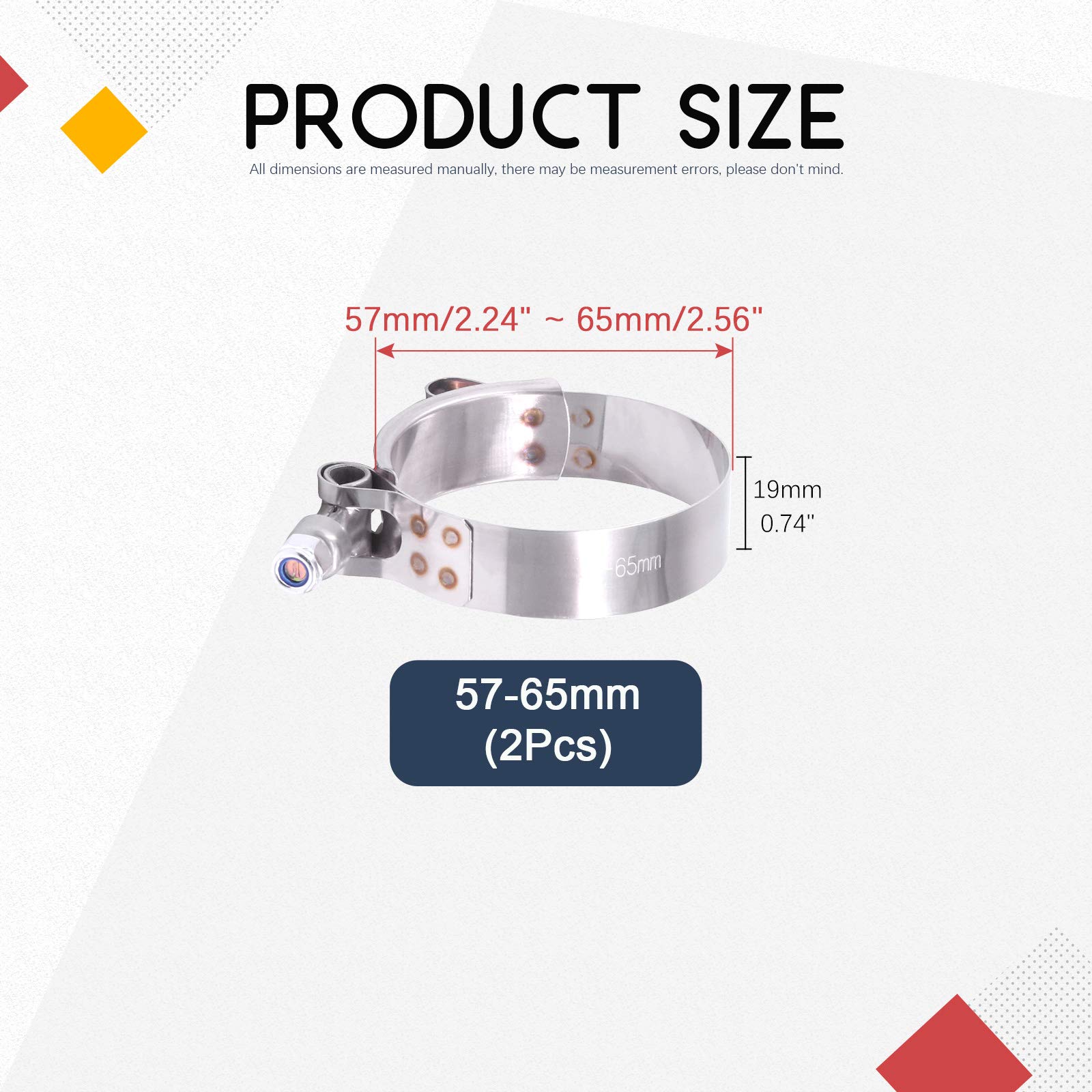 Hilitchi 2Pcs Stainless Steel T-Bolt Clamps With Rounded Band Edges Heavy Duty Turbo Intake Intercooler Clamp (57-65Mm) For 2 In