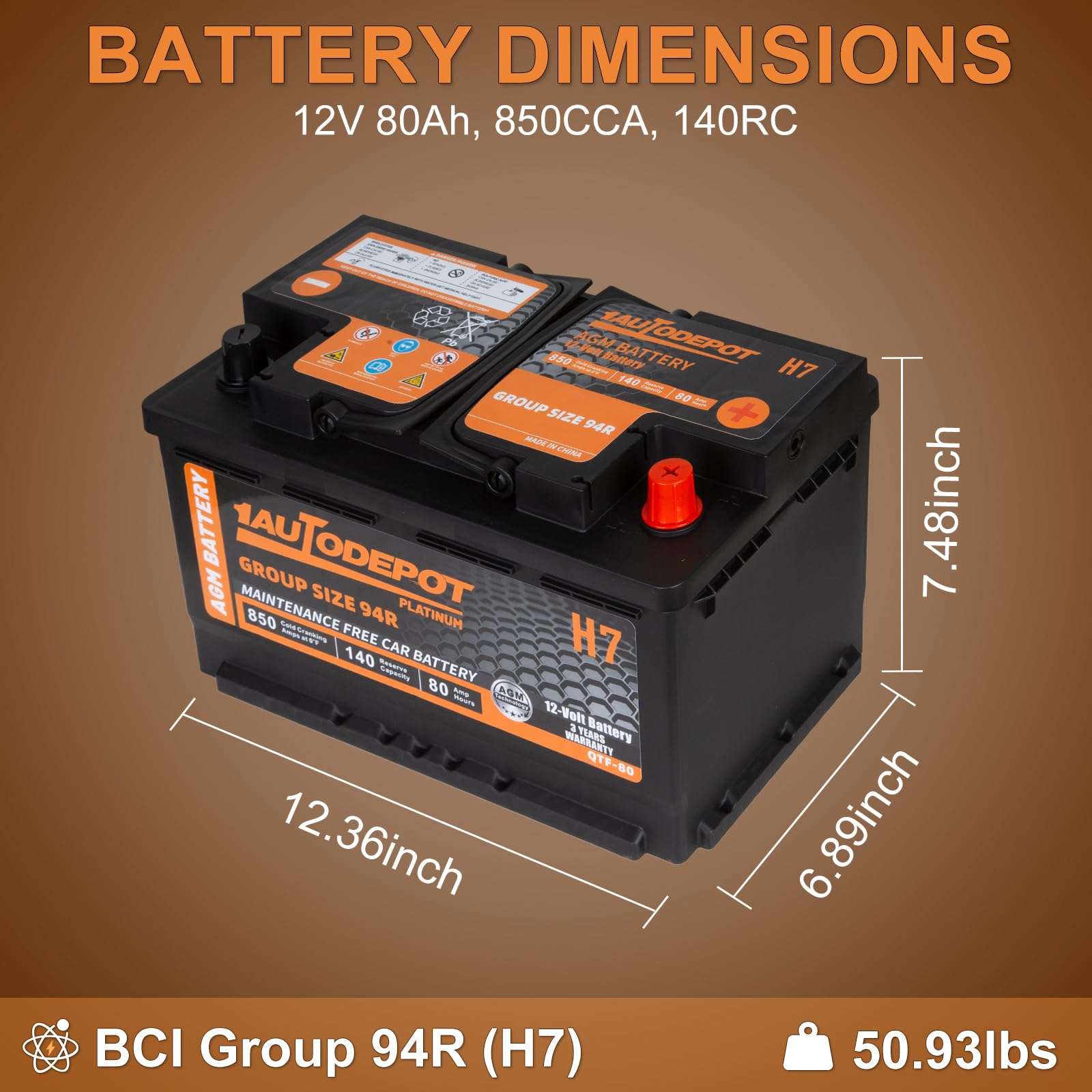 1Autodepot Bci Group 94R Car Battery, 12V 80Ah Size H7 Automotive Battery Premium Maintenance Free Agm Batteries, 850Cca, 140Rc