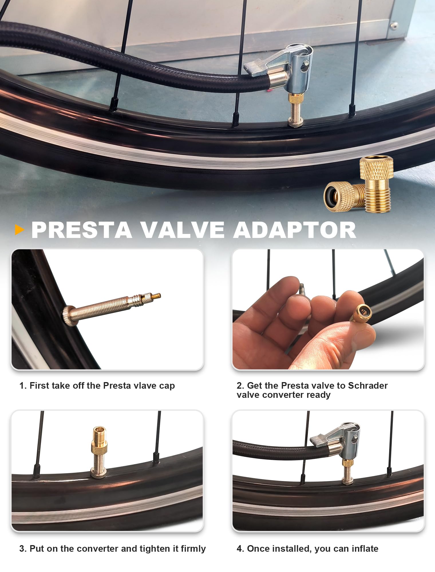 LUMITECO 20'' Tire Inflator Hose Adapter, Lock On Air Chuck w/Converting Nuts & Presta Valve Adaptor for Air Compressor, Schrade