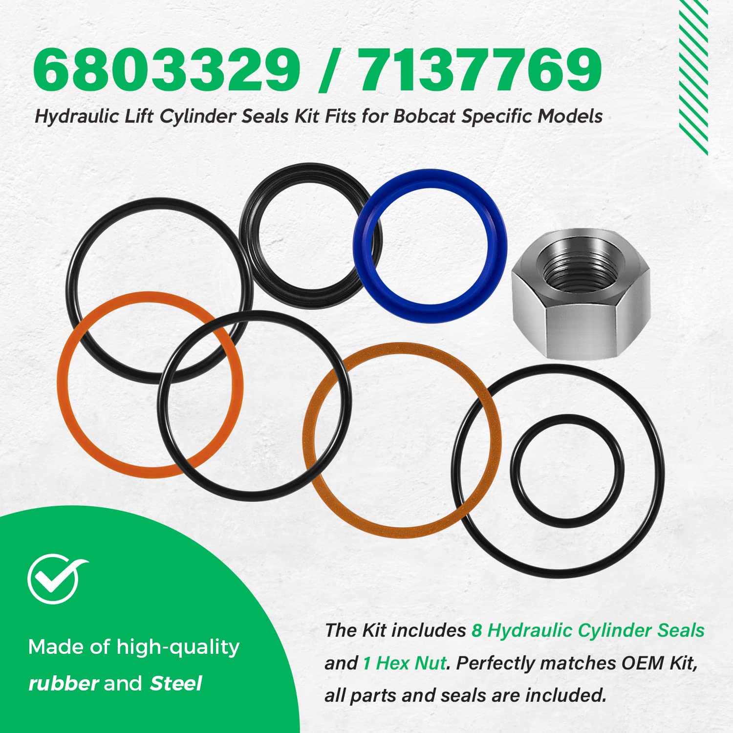 (1 Set) 6803329/7137769 Hydraulic Lift Cylinder Seals Kit Fits For Bobcat 444, 500, 520, 530, 533, 540, 542B, 643, 731, 743 Etc