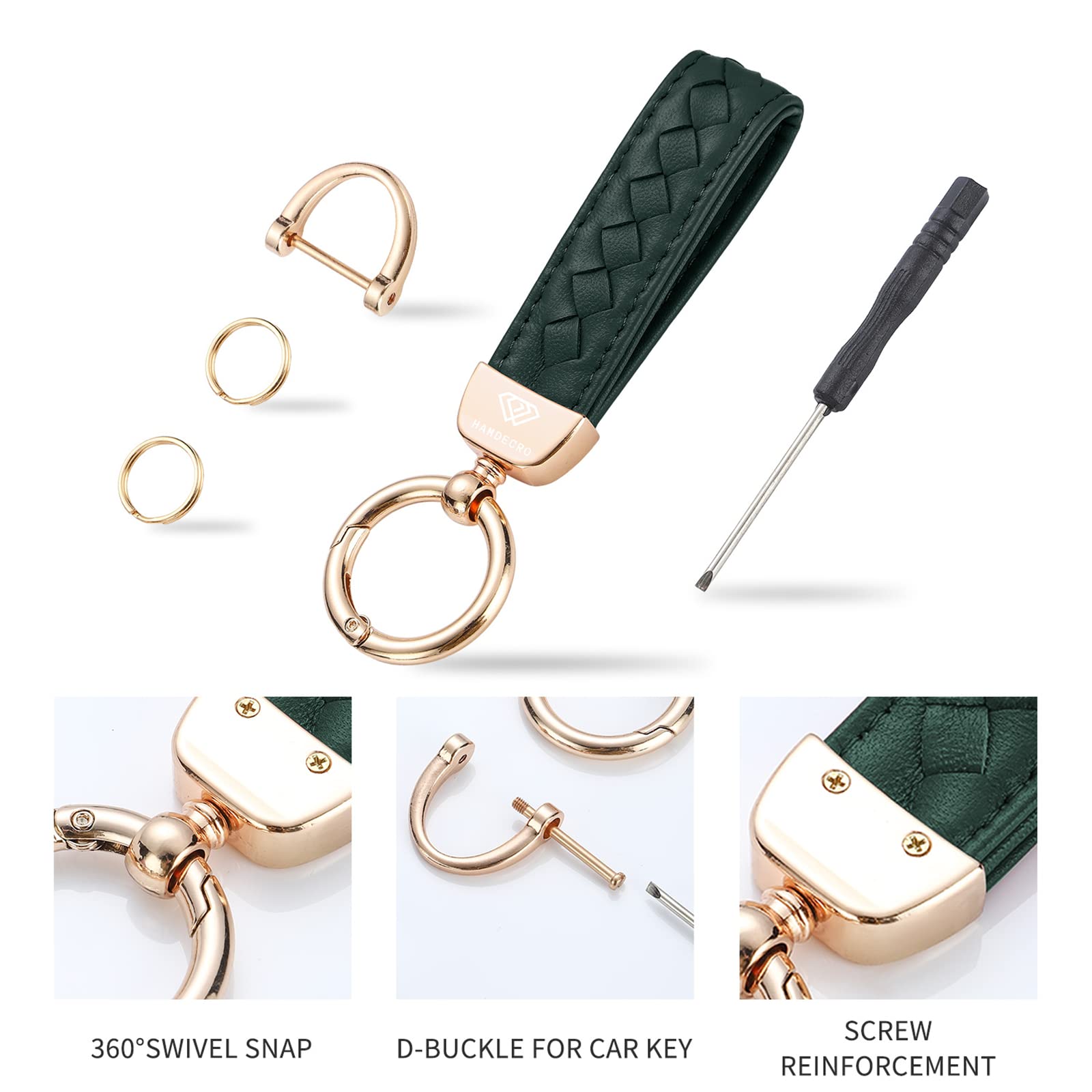 Hamdecro Genuine Leather Keychains, Handmade Knit Sheepskin Car Key Chains For Women, Universal Key Fob Holder With 360 Degree Rotatable, Anti-Lost D-Ring, 2 Keyrings And 1 Screwdriver - Green