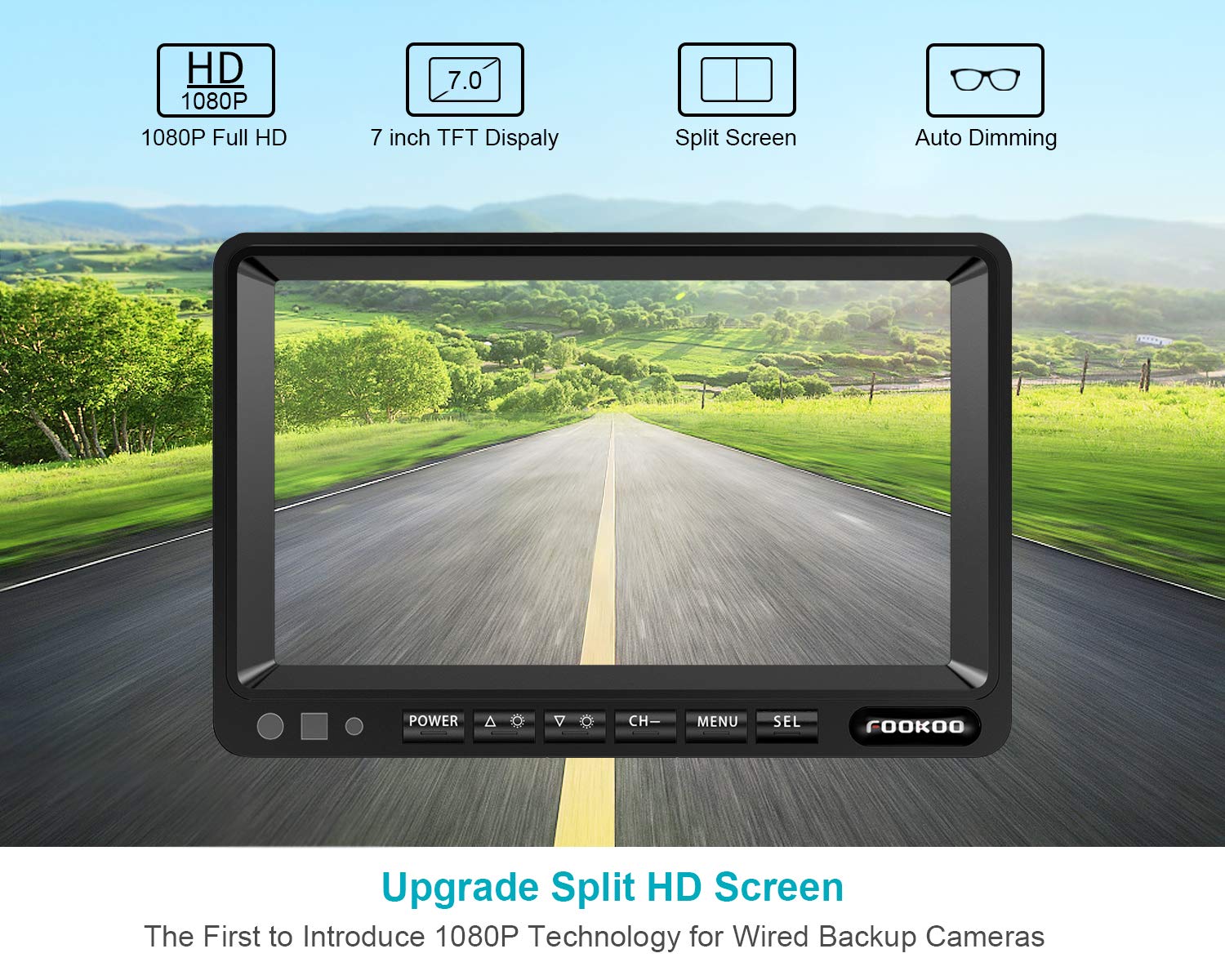 Fookoo ? 7'' 1080P Wired Backup Camera System, 7-Inch Hd Dual Split Screen Monitor W/Recording Ip69 Waterproof Front/Rear View C