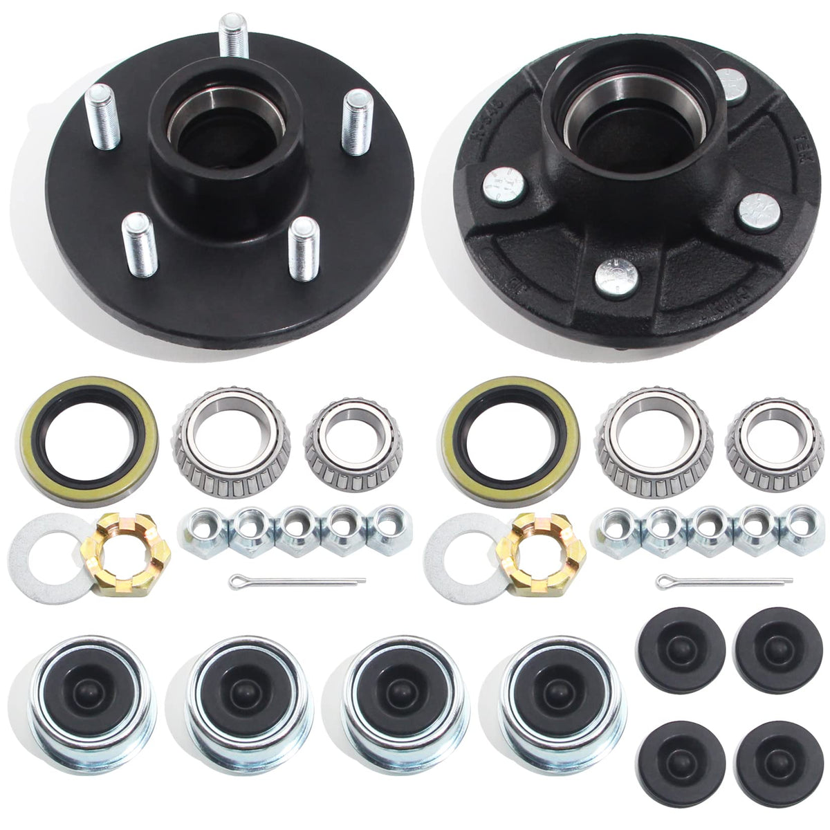 Grepspud 2Sets Trailer Hub Kits 5 On 4.5 For 3500 Lbs 1-1/16'' To 1-3/8'' Tapered Axle, Idler Hub With Extra Dust Caps & Rubber 