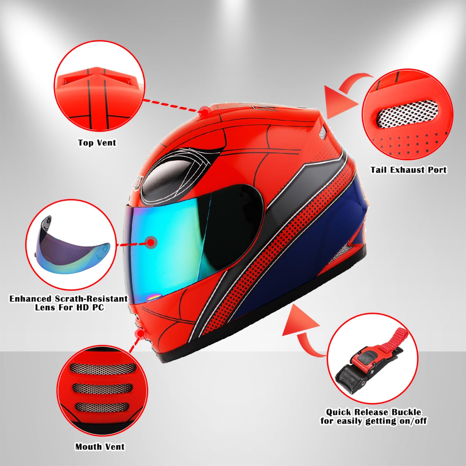 Wow Youth Motorcycle Full Face Helmet Street Bike Bmx Mx Kids Spider Red + Mx Skeleton Glove Bundle