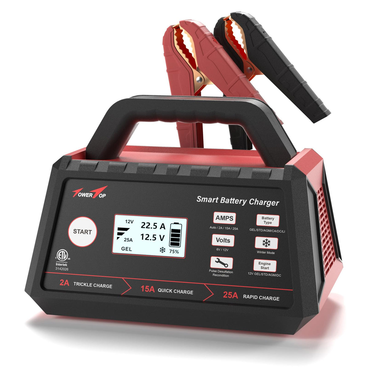 Towertop 2/15/25 Amp Car Battery Charger, 6V/12V Fully Automatic Smart Battery Maintainer With Engine Start, Auto Desulfator, Battery Repair, Winter Mode, For All Lead-Acid And Lifepo4 Batteries